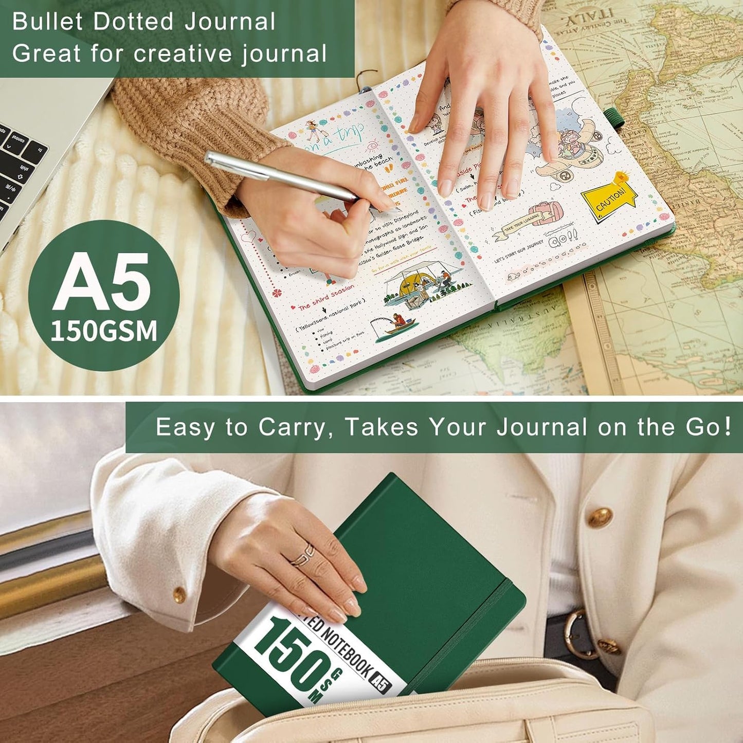 AHGXG Bullet Dotted Journal - 150 GSM Dot Grid Notebook Journal, Thick Acid-Free Paper, A5 Dotted Notebook 128 Pages, Leather Hardcover, Inner Pocket, Journal Stencil, 5.7'' × 8.3'' - Green