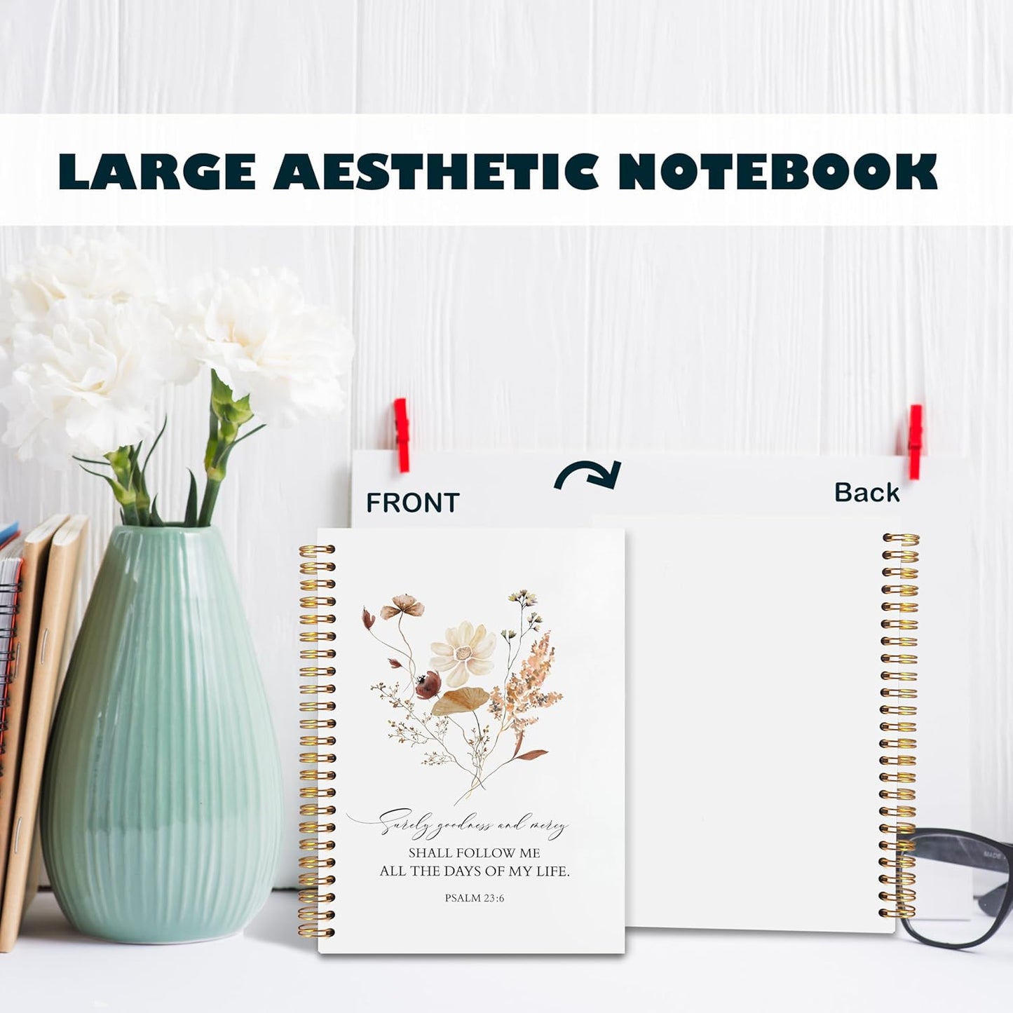 BearCake Floral Christian Notebook Journal, Christian Gifts for Women, Bible Notebooks for Note Taking, Bible Journaling Notebook, Surely Goodness and Mercy Hardcover Spiral Notebook 5.5x8.3
