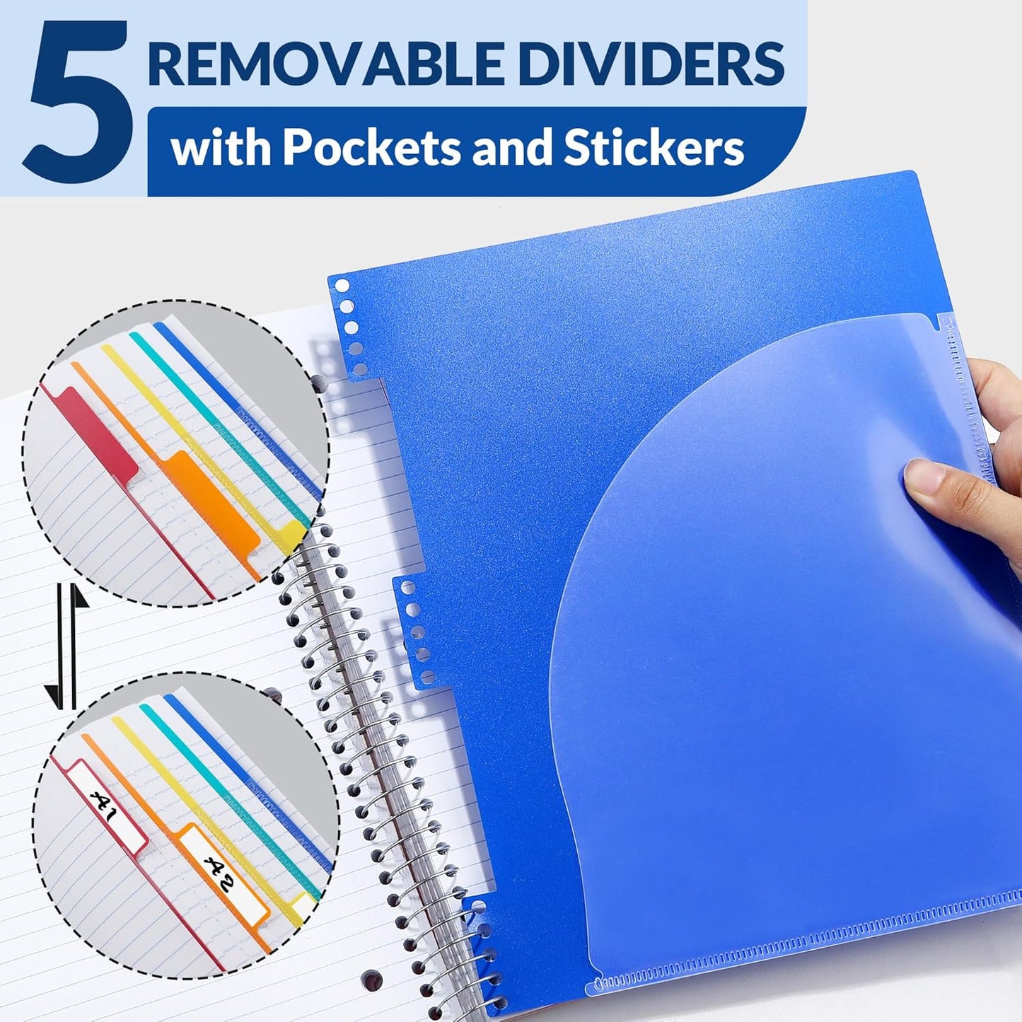 SUNEE 5 Subject Notebook College Ruled - 400 Pages, 9"x11", 5 Pocket Colored Dividers, 3-Hole Punched Paper, Blue