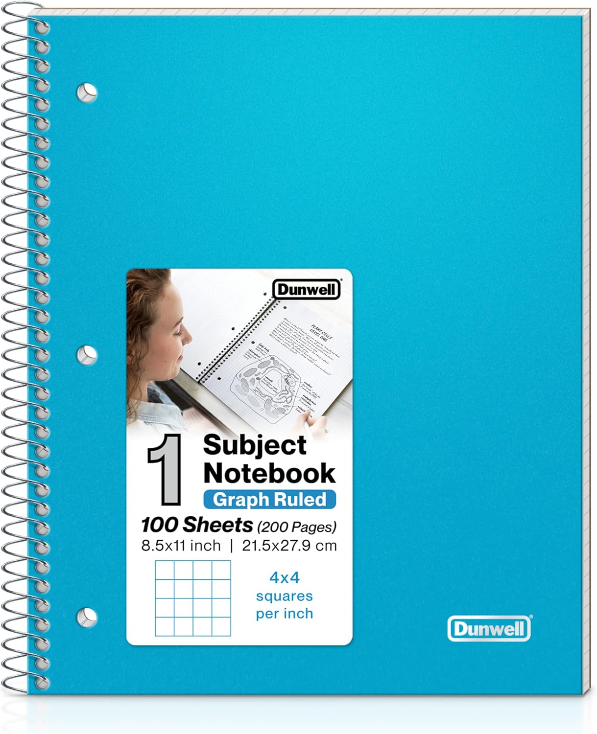 Dunwell Graph Paper Notebook 8.5 x 11 (Blue) Plastic Cover, 100 Sheets (200 Pages), 4x4 Squares, 1 Subject Graph Paper Spiral Notebook, 1/4" Grid, Pocket Divider, Easy Tear-Off, 3-Hole Punched