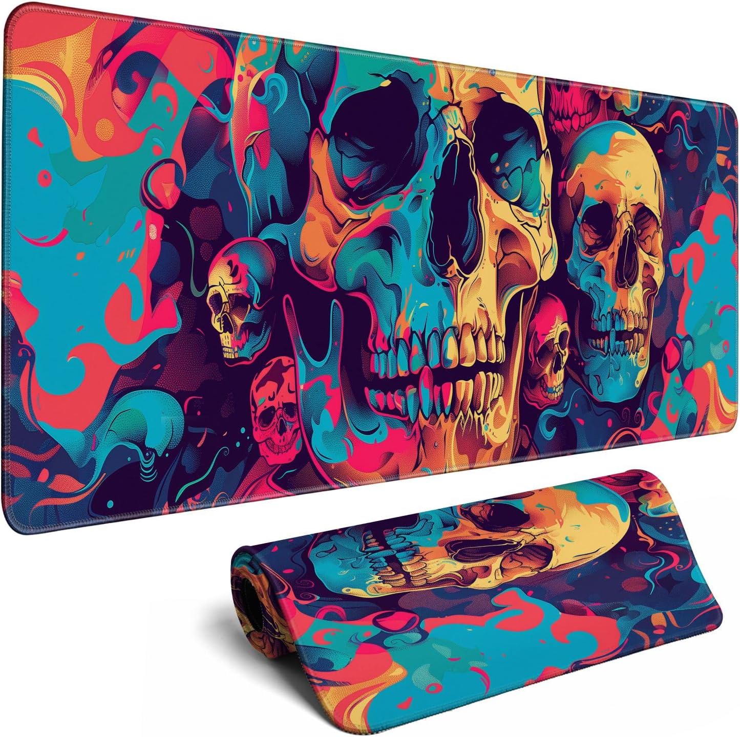 Desk Mat Psychedelic Desk Accessories Skulls Extended Gaming Mouse Desk Pad Decorations for Office Keyboard Mousepad Mat31.5x11.8in, Stitched Edge Non-Slip Bottom Large Mouse Pad