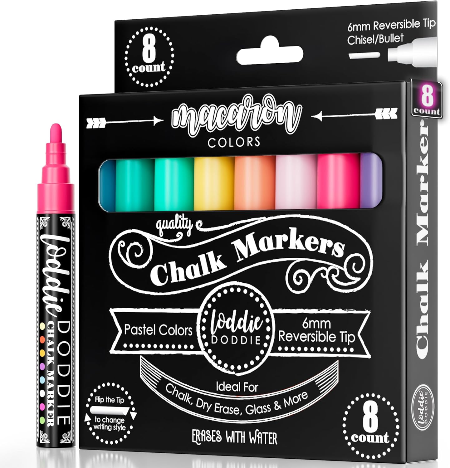 Loddie Doddie Liquid Chalk Markers - 8 Count, 6mm Reversible Chisel & Bullet Tips - Erasable Macaron Pastel Pens for Chalkboard & Acrylic Calendar - Teacher Must Haves - Dry Erase Markers - Chalk Pens