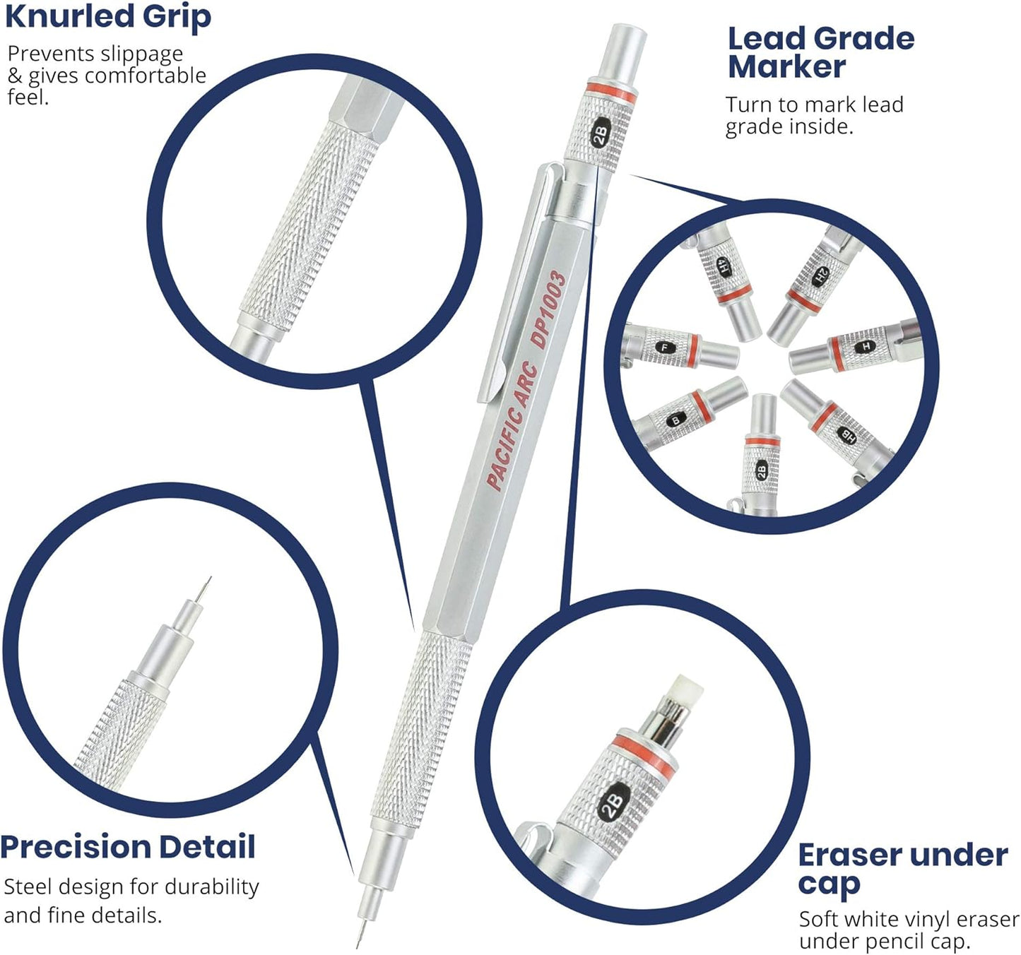 Pacific Arc Chromagraph Metal Mechanical Pencil .3 mm Silver Barrel Mechanical Pencil with Built In Lead Pencil Grade Indicator, Lead Pencil Holder for Drafting, Sketching, and Drawing