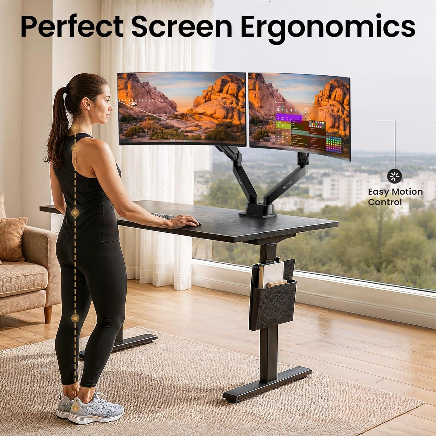 EVEO Premium Dual Monitor Mount 14"-32” Dual Monitor Arm VESA Bracket Adjustable Height Gas Spring Dual Monitor Stand, Screen Full Motion Dual Monitor Arm-Computer Monitor Stand for 2 Screens - Black