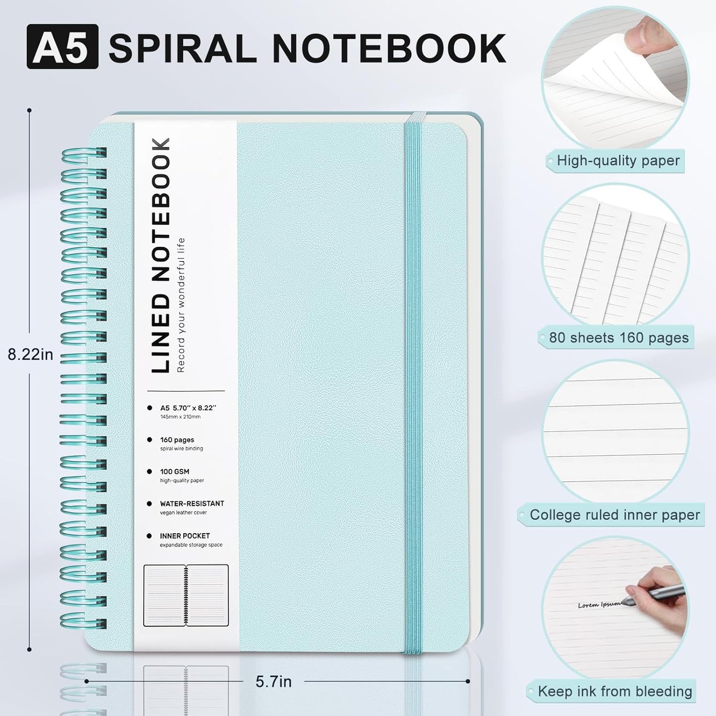 Lined Spiral Journal Notebook, A5 Hardcover Leather Notebook for Work, 5.7''×8.2'', 100GSM Thick Paper Spiral Bound Journaling Notebook for Women Men Office School Note Taking Business, Morandi Green