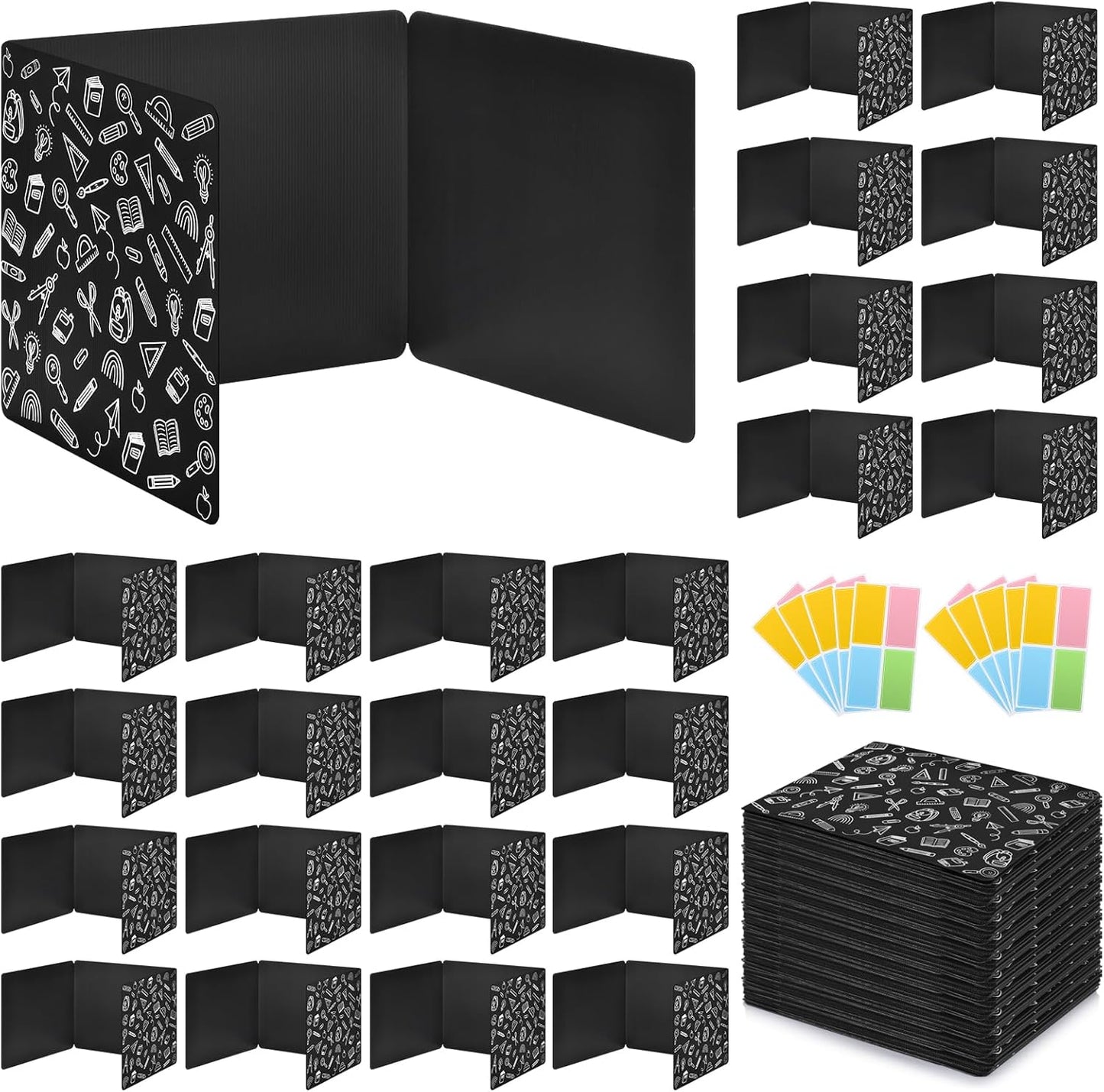 24 Pack Black Printing Privacy Floders for Student Desks - Durable Plastic Erasable - Testing Dividers for Classroom - Easy Clean Privacy Shields for Student - Includes Extra Labels