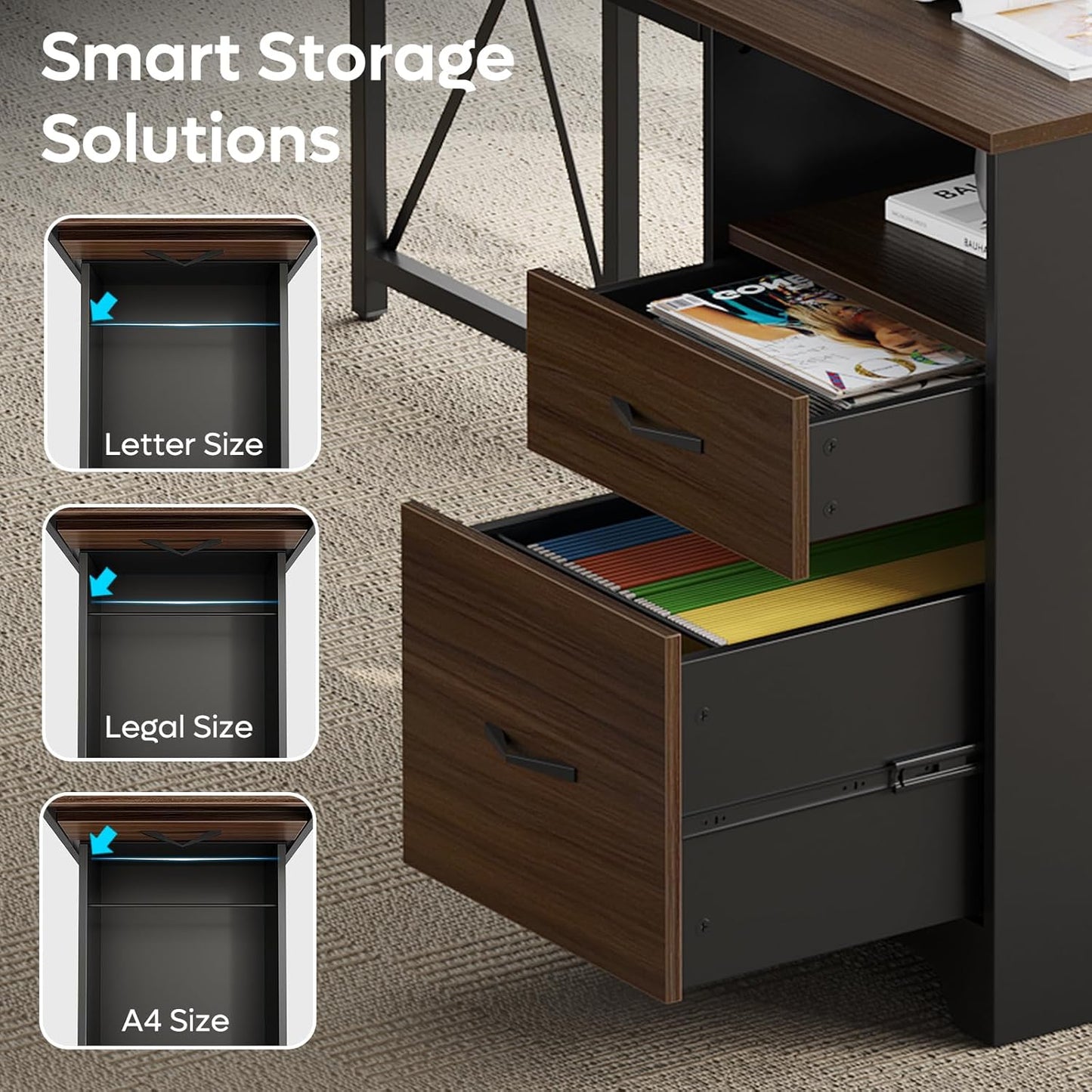 Bestier L Shaped Desk with 4 Drawers, 63" x 47" Executive Desk with Open Storage & Monitor Stand, Corner Desk with 2 File Drawers & Modesty Panel for Home Office, Cherry