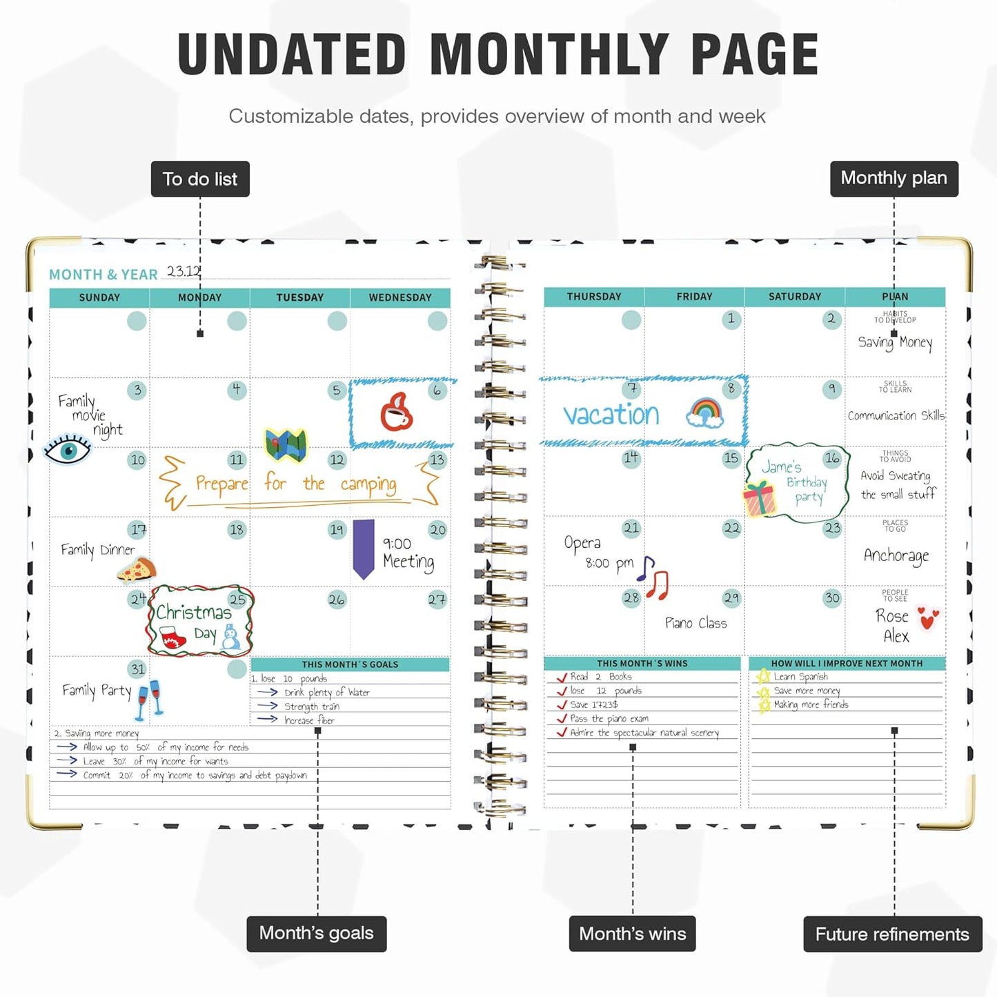 Ospelelf Undated Spiral Planner 12 Months, Daily Weekly and Monthly Academic Planner with Clip 8.5 x 11