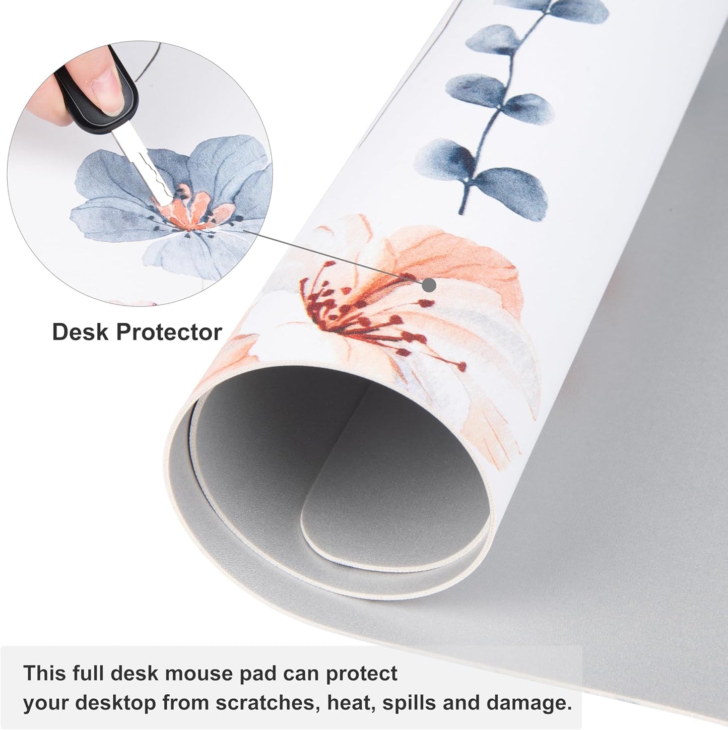 QIYI Large Mouse Pad, Floral Desk Mat for Desktop, Women Girls PU Leather Waterproof Gaming Mousepad, Computer Laptop Flower Desk Accessories Protector Writing Pad for School Office Home 31.5" x 15.7"