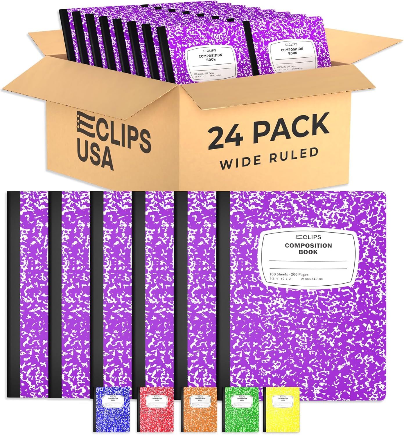 E-CLIPS USA Composition Notebooks, (24 Pack), Wide Ruled Composition Notebook, Marble Composition Notebook, 100 sheets, 200 Pages (24, Purple)