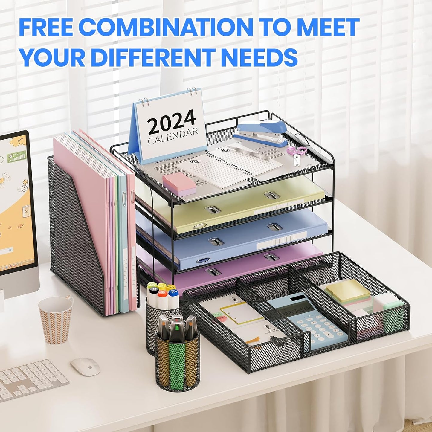 Desk Organizer and Accessories, 4-Tier Desktop File Organizer with Drawer and 2 Pen Holders, Office Desk Accessories for Office Supplies(Black)