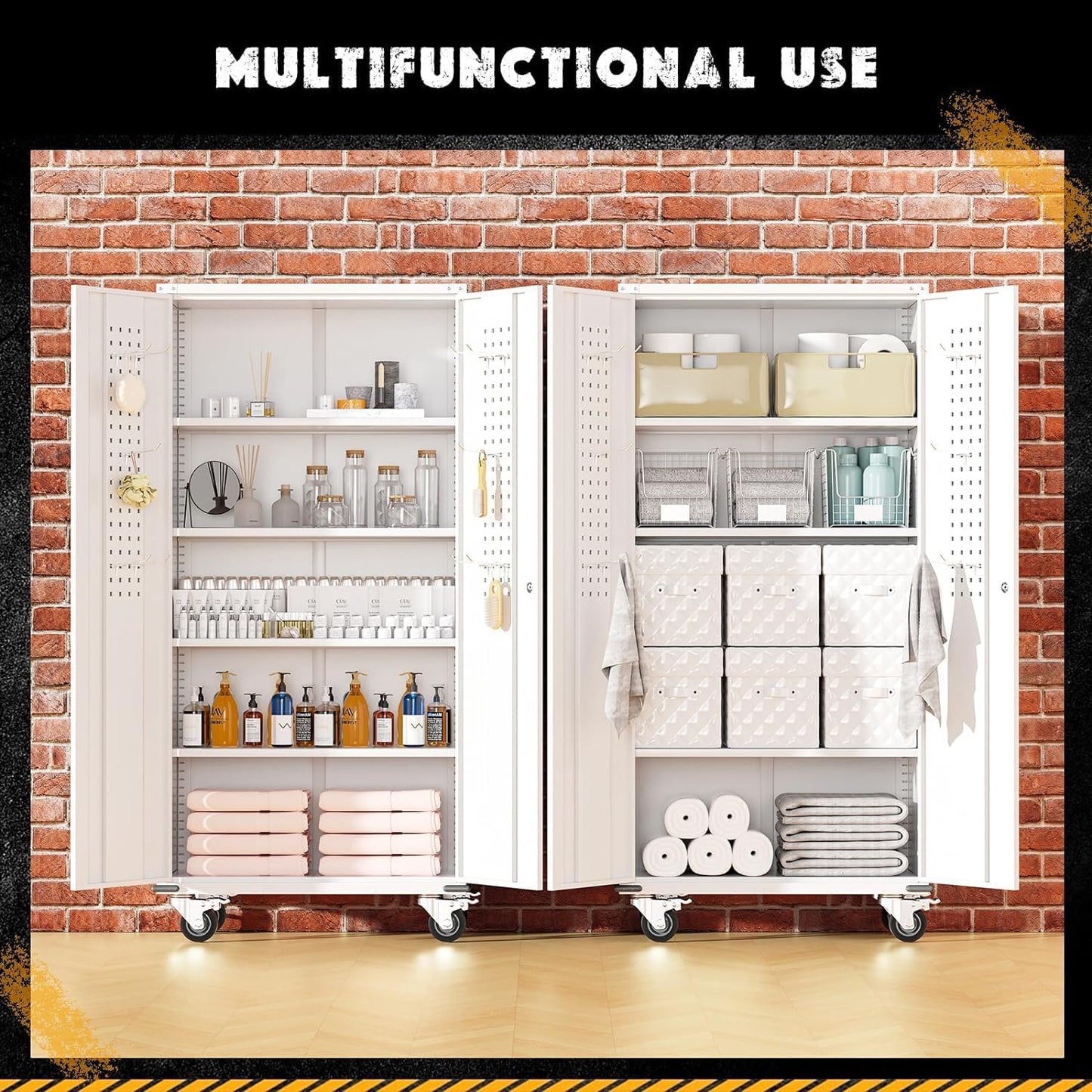 INTERGREAT Metal Garage Storage Cabinet, Lockable Rolling Tool Cabinets with Pegboard and Shelves, 72" Tall Heavy-Duty File Cabinet with Wheels for Garage, Basement, Warehouse, White
