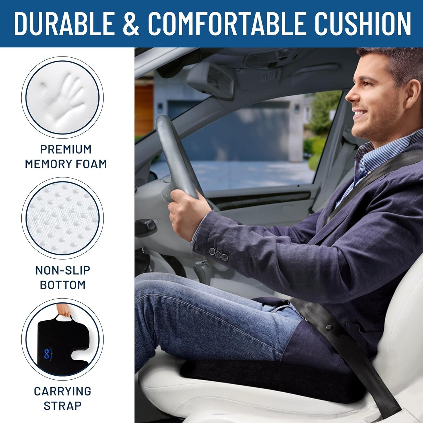 Everlasting Comfort Memory Foam Car Seat Cushion for Long Driving - Back Pain, Sciatica, Tailbone Pain Relief - Adult Booster Wedge Seat Cushions for Car, Truck Seats - Non-Slip, Washable Cover