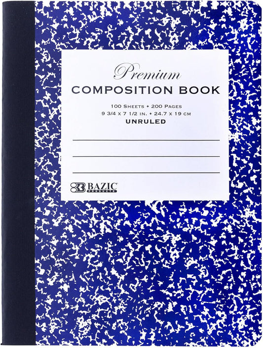 BAZIC Composition Book Blue Marble Unruled Ruled 100 Sheet Notebook, Blank Page Journal Comp Notebooks for School, 48-Pack