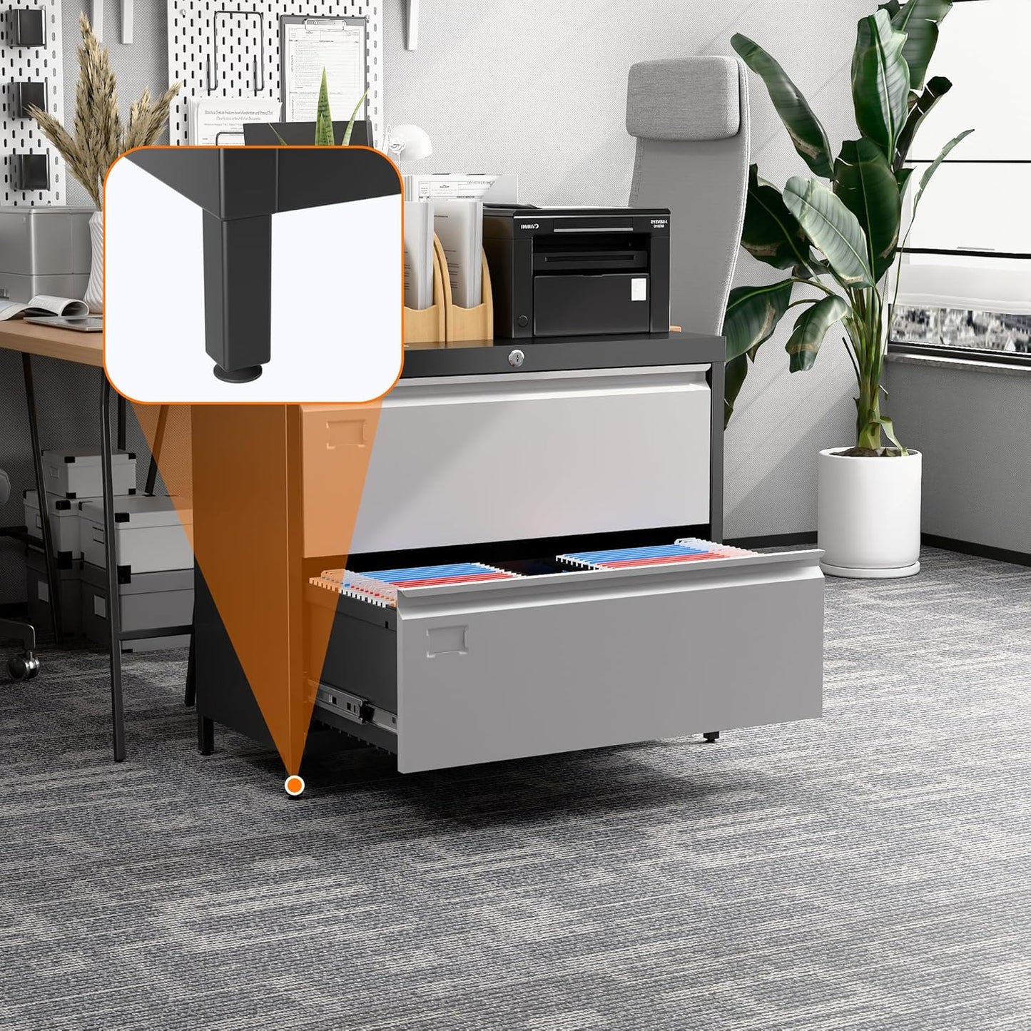 Metal Lateral File Cabinet with 2 Drawers, Wide Lateral Filing Cabinet with Lock for Hanging Files Letter/Legal/F4/A4 Size for Home Office School, Black and Grey, Assembly Required