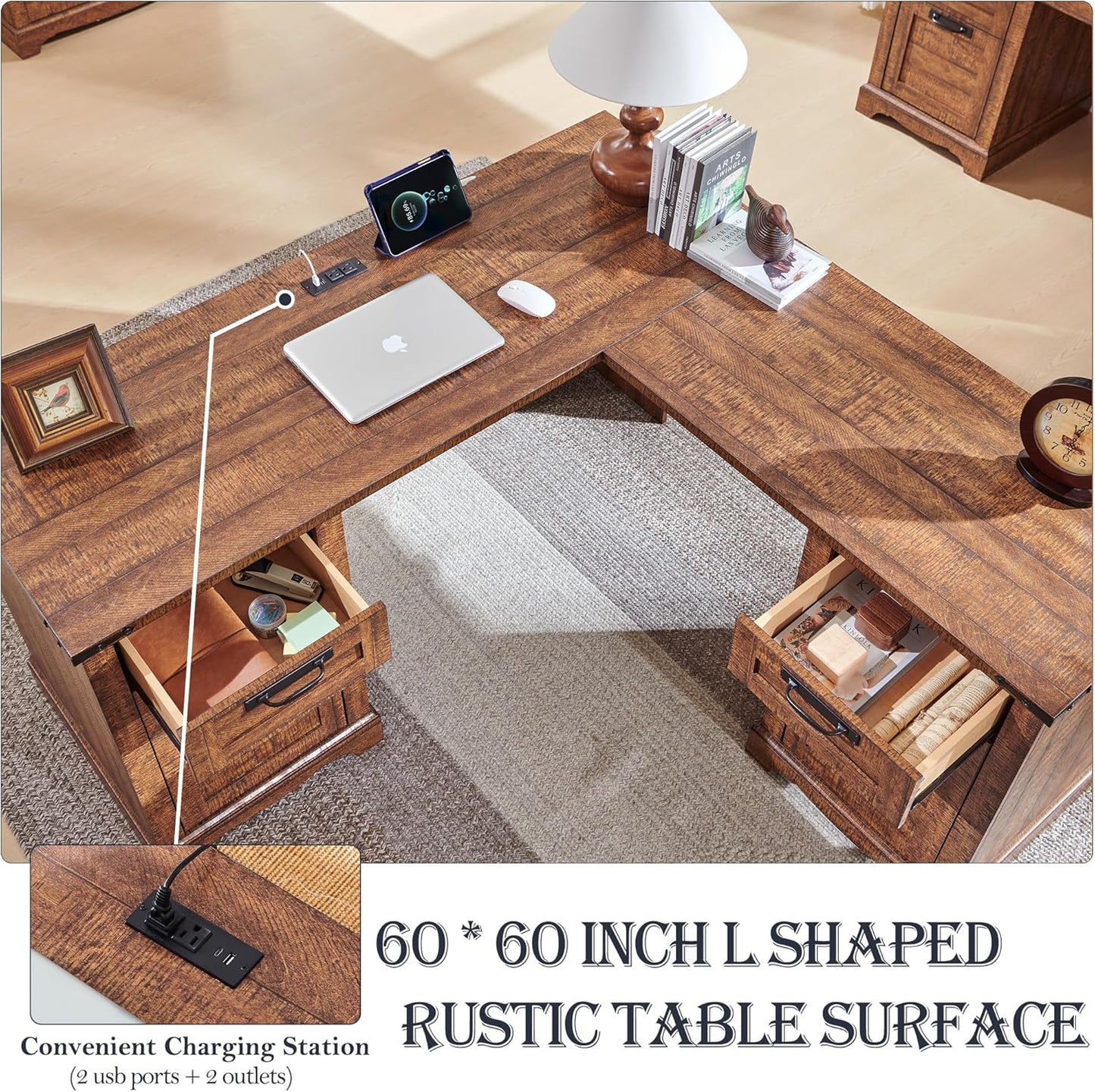 RedLemon 60" Farmhouse L Shaped Executive Desk with Drawers, Wood Home Office Corner Desk with Charging Station, File Drawer, Storage Cabinet, Rustic Computer Writing Desk (Reclaimed Barnwood)