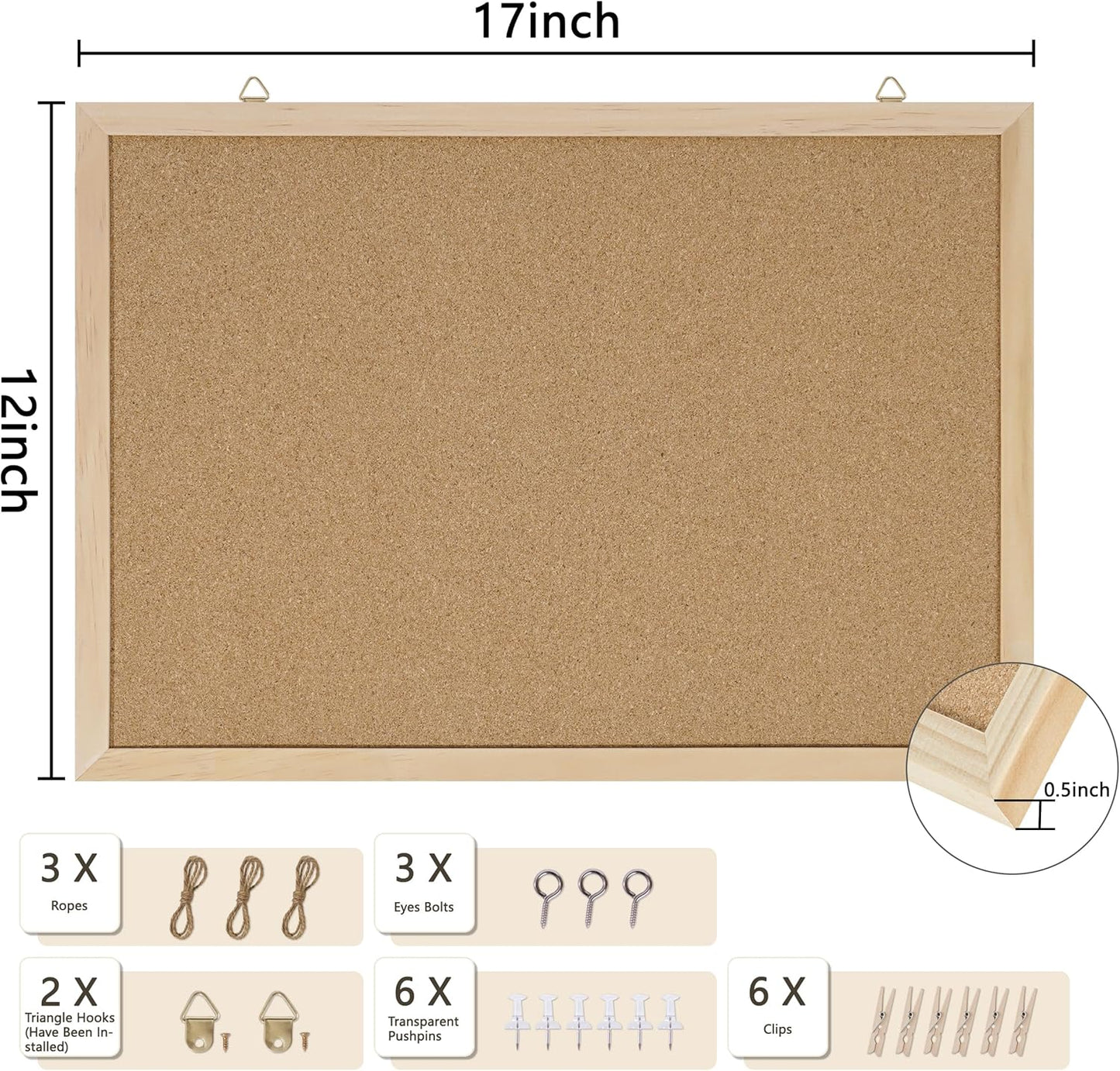 Cork Board Bulletin Board,17"X 12" Cork Board for Office with Pin Oak Wood Boards,Hanging Corkboards for Office Home School Message Board or Vision Board Decoration.