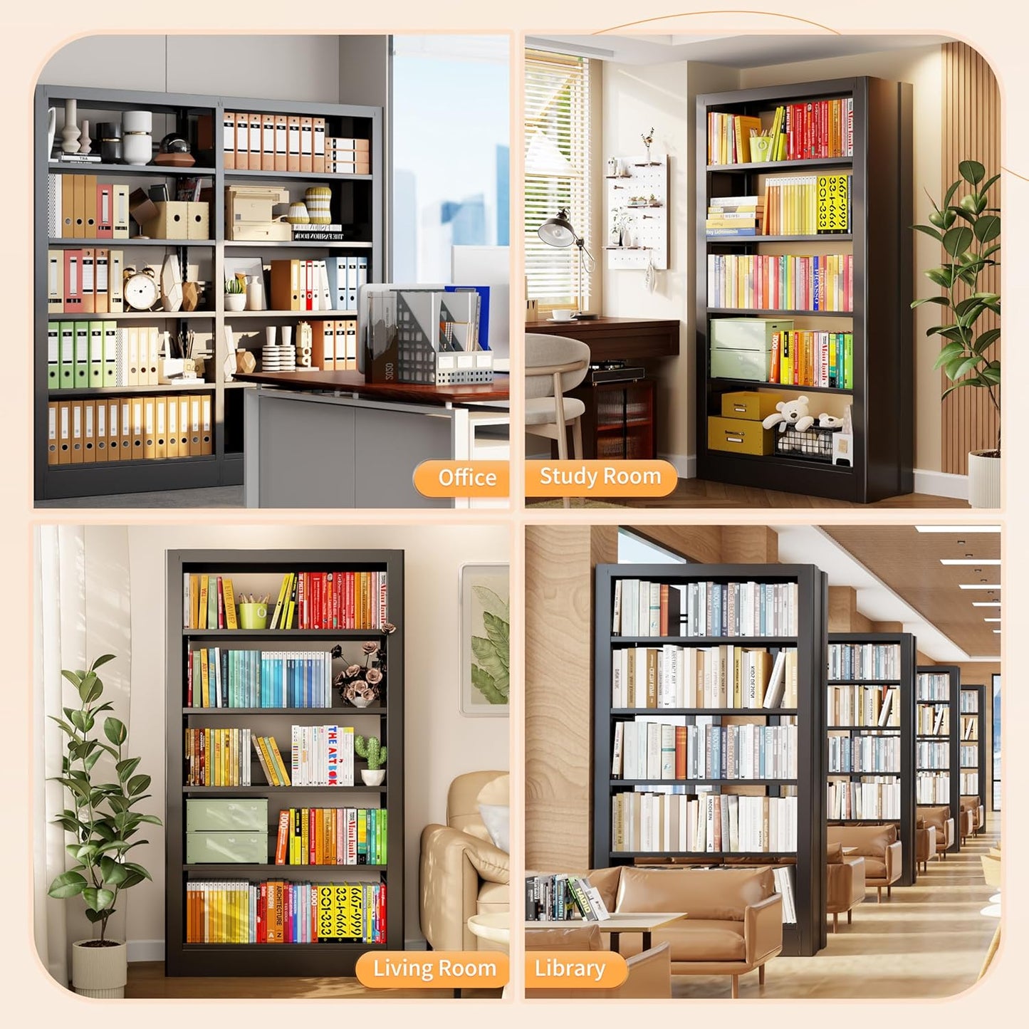 5-Tier Bookcase with Adjustable Storage Shelves, Metal Bookshelf with Book Stopper, Bookcase Shelf for Library, Office, Living Room