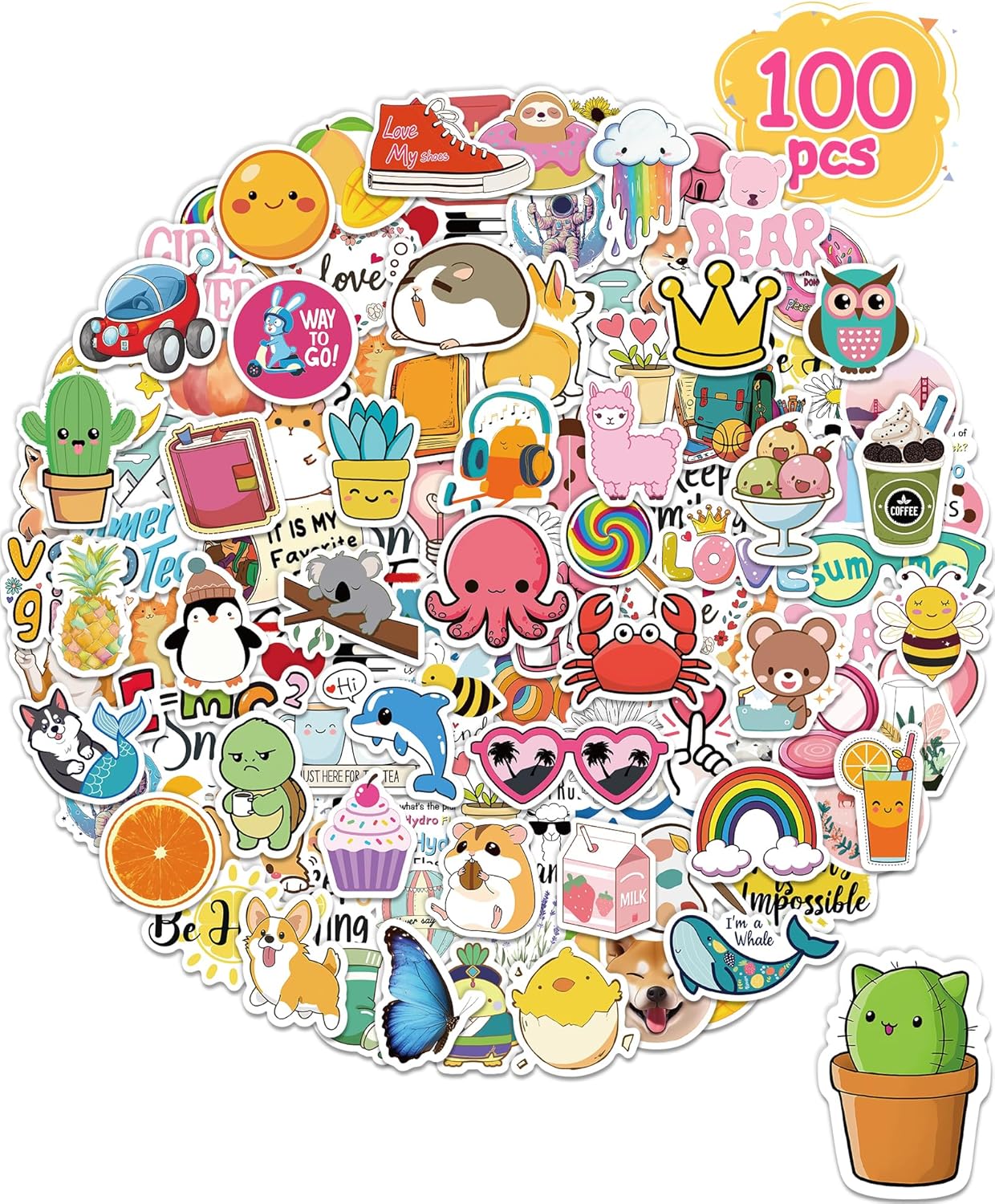 Sticker for Water Bottles, 100 Pcs/Pack Cute Vinyl Waterproof Vsco Laptop Stickers for School Students Gifts Classroom Teachers Prizes Stickers for Kids Teens Girls