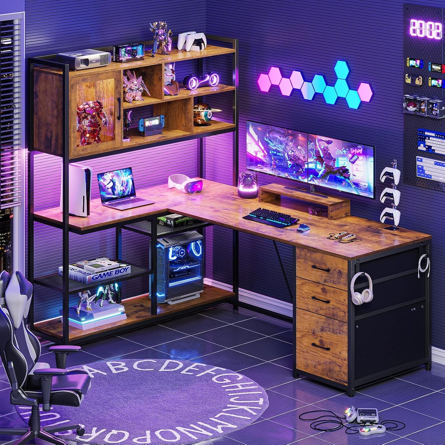 SEDETA L Shaped Computer Desk, 58'' Office Desk with 3 Drawers and Bookshelf, L Shaped Corner Desk with Storage Shelves and LED Light for Home Office, Gaming Desk, L Desk, Rustic Brown