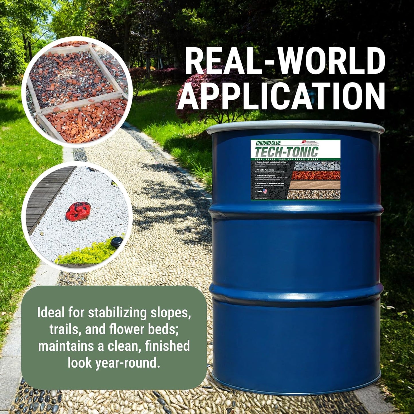 Ground Glue Tech-Tonic Landscape Adhesive for Rock, Mulch, and Sand, Weatherproof Long-Lasting Stabilizer for Trails & Slopes, Pet-Safe Binder for Pea Gravel, Bark & Flower Beds, 55 Gallon Tote