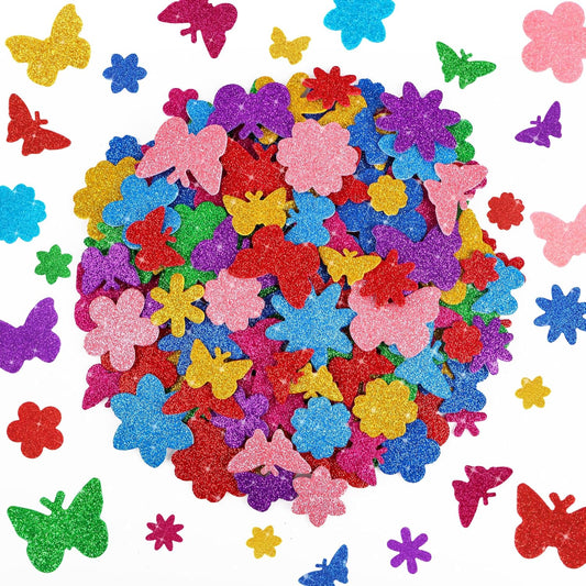 512 PCS Foam Stickers Glitter Colorful Flower and Butterfly Shapes Self Adhesive Stickers for Kids Crafts Arts Party Supplies Scrapbooking DIY Greeting Card Envelopes Home Decor(Flower & Butterfly)