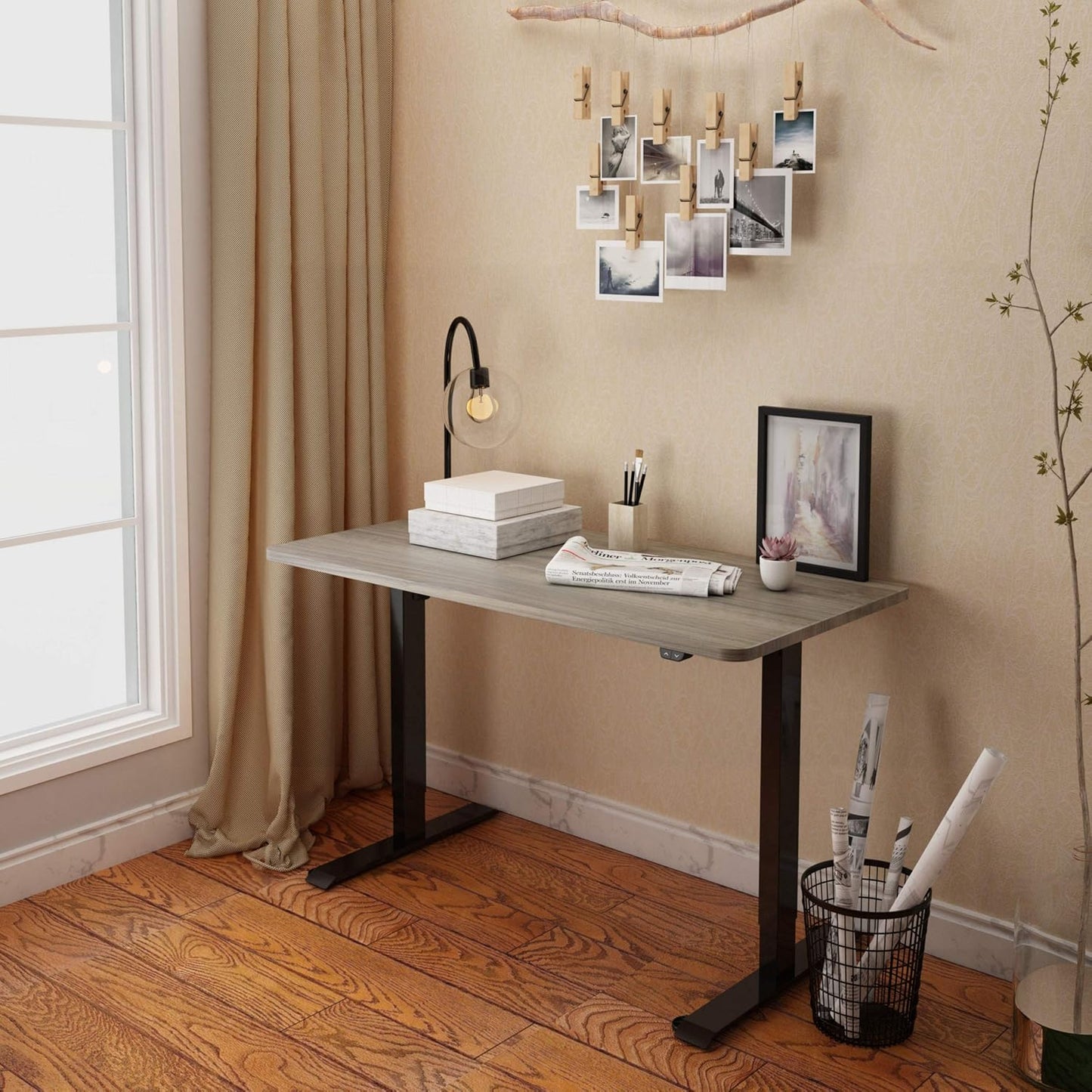 FLEXISPOT EN1 Whole Piece Standing Desk 55 x 28 Inches Stand Up Desk for Workstation and Home Office (Black Frame + Gray Wood Top, 2 Packages)