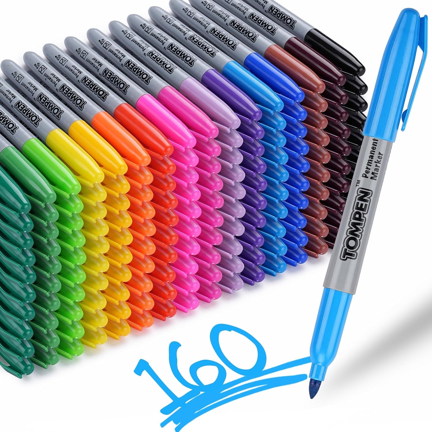 Permanent Markers,Fine Tip,160 Pack Bulk,16 Assorted Multicolor Colors,Waterproof Permanent Marker Pens with Quick Drying on Wood,Plastic,Paper,Metal,Mirror for Office School Classroom Home
