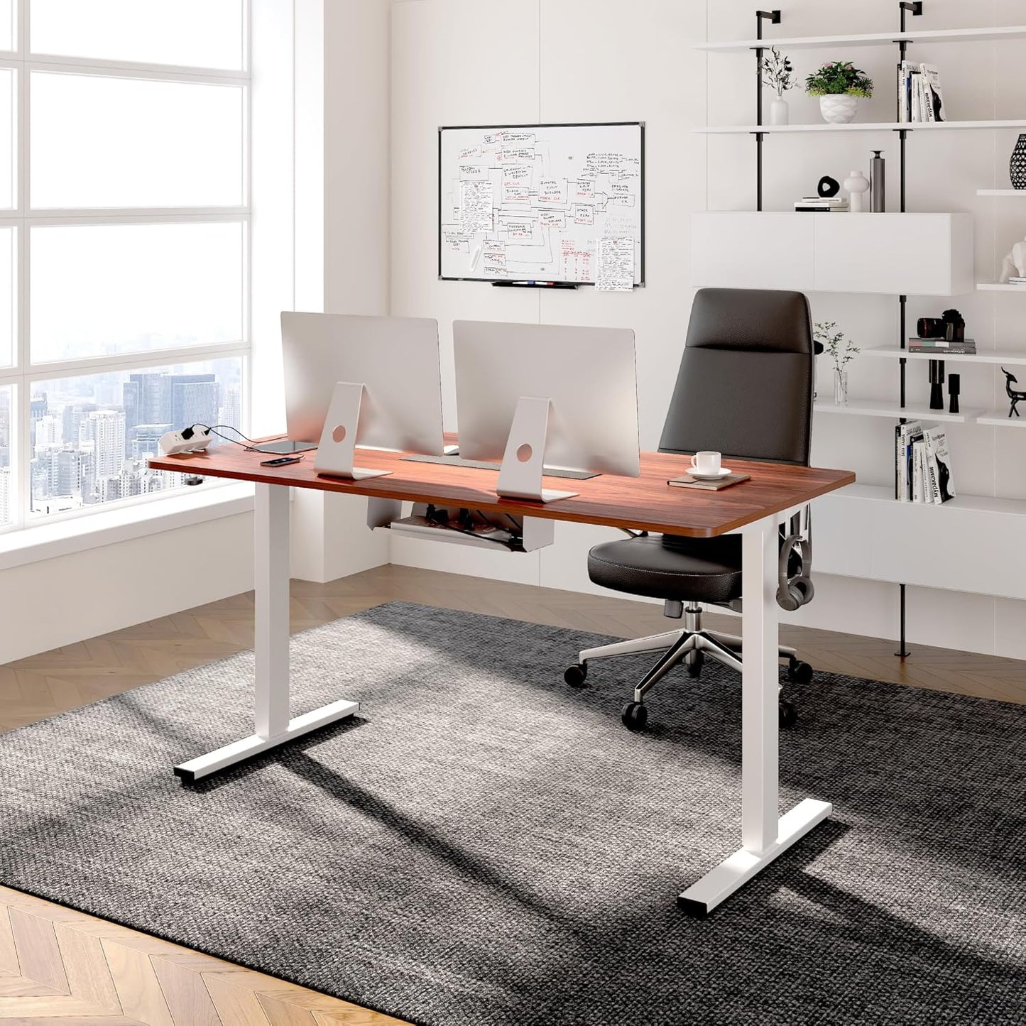 FLEXISPOT EN2 Whole-Piece Standing Desk with Clamp Power Strip, 55 x 28 Electric Stand Up Height Adjustable Desk with Cable Management (White Frame + 55" Mahogany Top, 2 Packages)