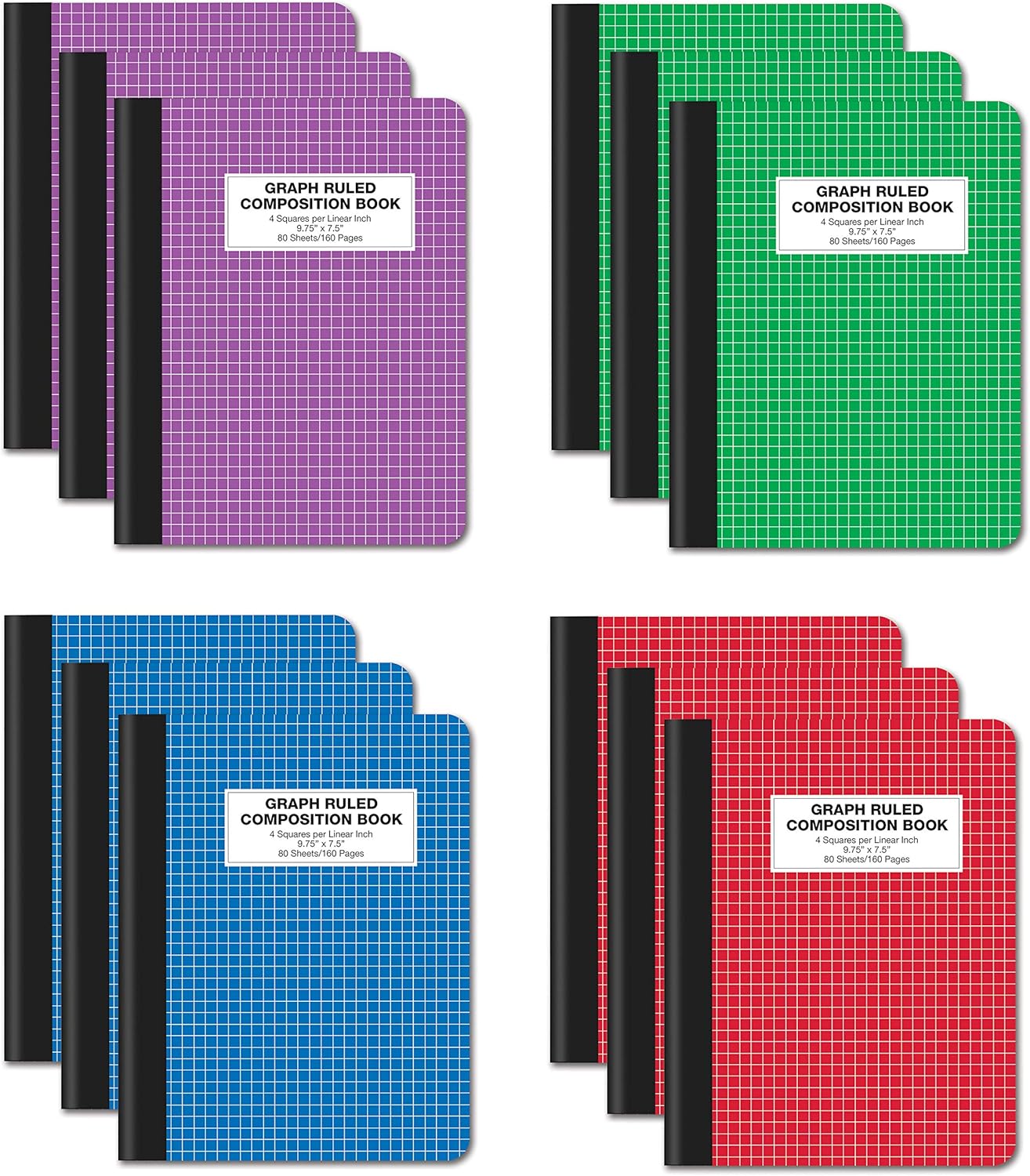 Better Office Products Quad Ruled Composition Book Notebook, 12 Pack, Hardcover 4x4 Graph Ruled Paper, 80 Sheets, 9.75" x 7.5", Assorted Color Covers, 12 Pack