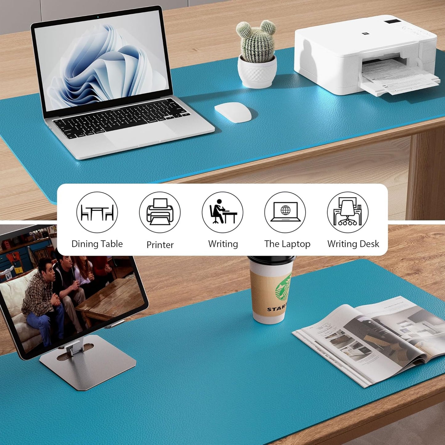 Aothia Leather Desk Pad Protector, Office Desk Mat, Large Mouse Pad, Non-Slip PU Leather Desk Blotter, Laptop Desk Pad, Waterproof Desk Writing Pad for Office and Home (48"x17", Turquoise)