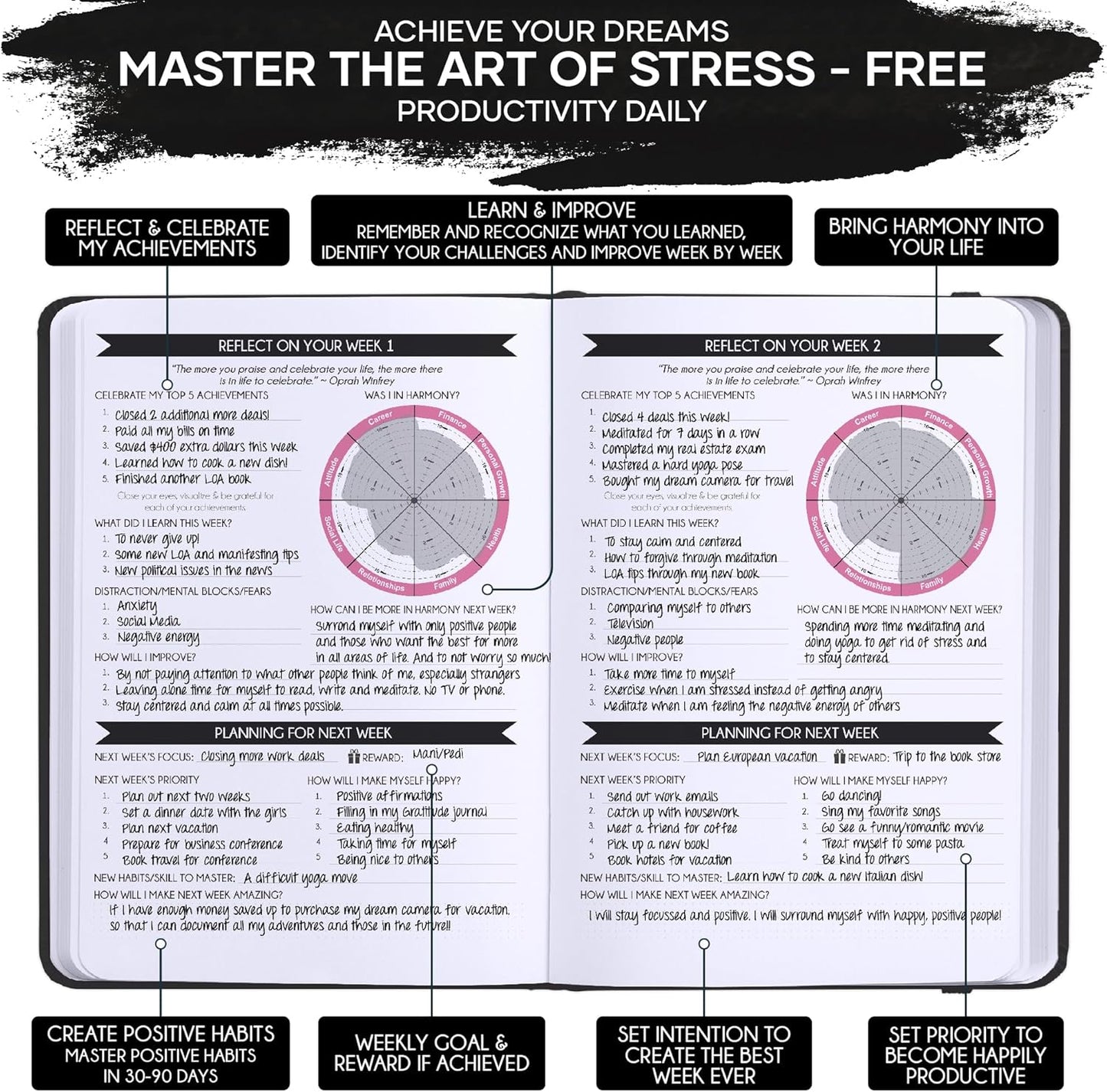 ADHD Planner for Adults - 5 Minute Gratitude & Manifestation Journal | 90-Day Undated Daily Planner for Positivity, Affirmations & Self Care | Guided Mindfulness, Reflection | Vision Board + Stickers