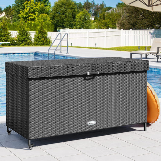 YITAHOME 200 Gallon Large Wicker Deck Box w/Storage Net, Rattan XL Outdoor Storage Box Patio Cushion Storage, Waterproof Storage Box for Patio Furniture, Garden Tools, Pool Sports Equipment (Black)