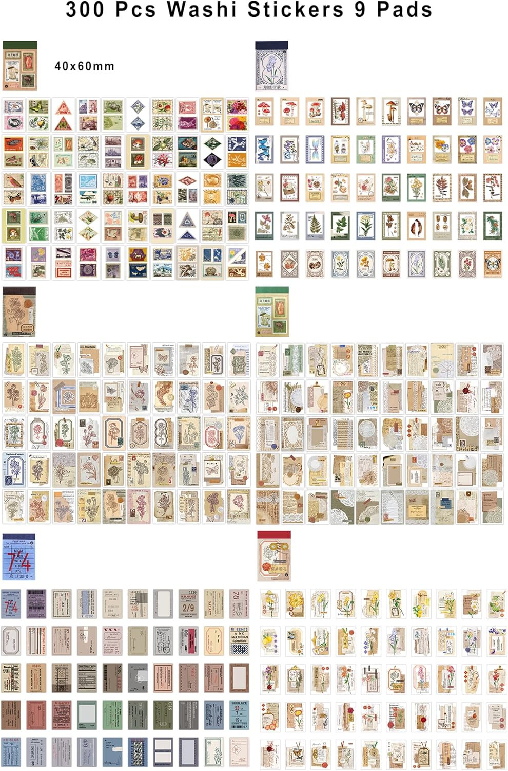 6 Sets 300 Pcs Washi Stickers Book, Vintage Aesthetic Sticker Set for Journaling Scrapbook Decoration Bullet Journal,Stamps Flowers Ticket Theme Stickers for Art Diary Craft Planner
