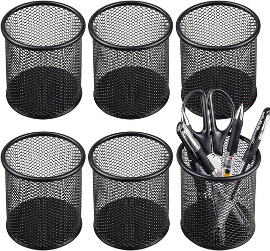 QYH Mesh Pen Cup Metal Pencil Holder for Desk 6 Packs Black Pen Organizer Office 3.54x3.93 Inch