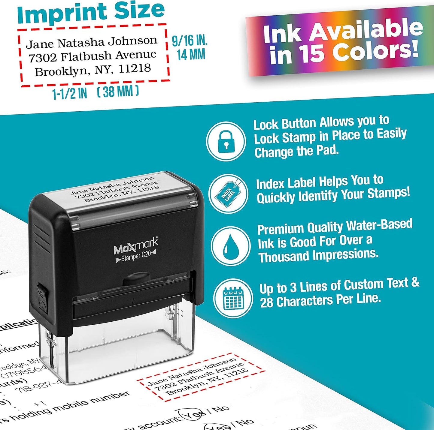 MaxMark Customized Self Inking Stamp - Up to 3 Lines of Text - Small Size - Choose from 15 Ink Colors