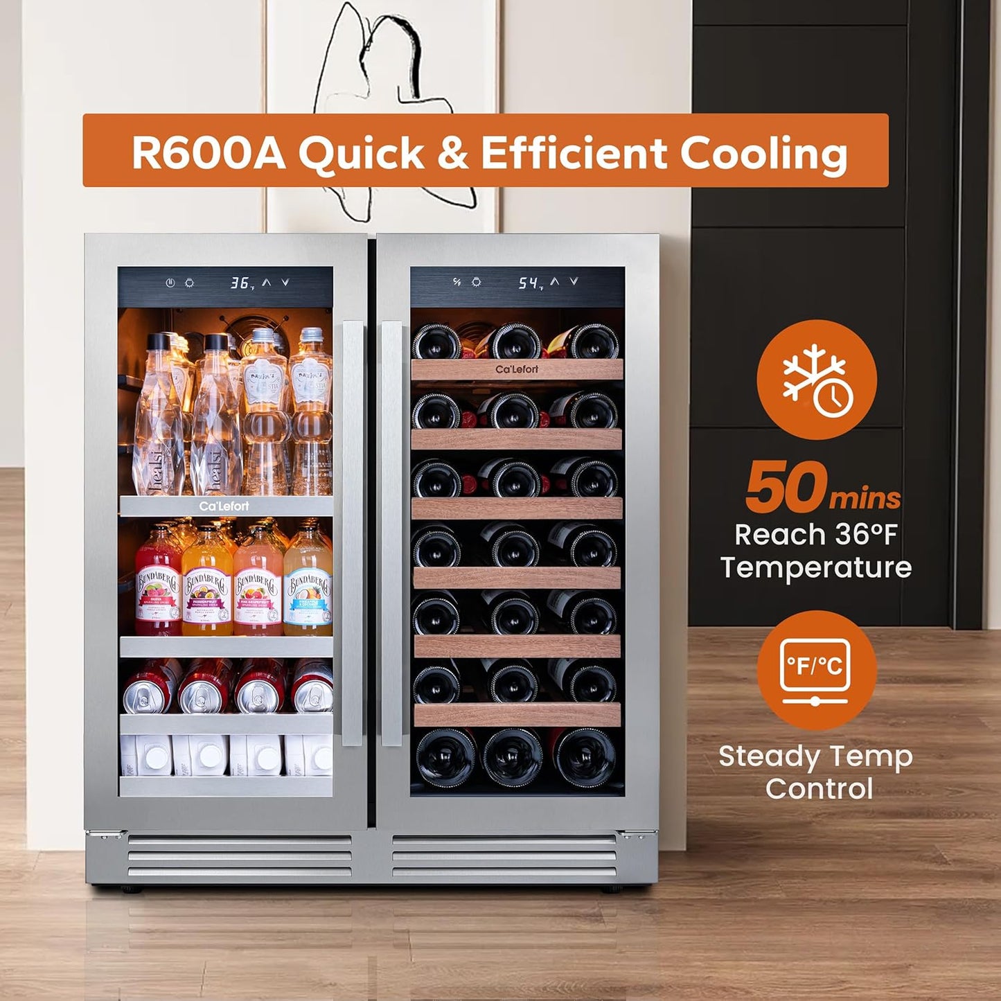 Ca'Lefort 30 Inch Wine and Beverage Refrigerator, 80 Can and 33 Bottle Wine Fridge Dual Zone 36-72°F, 3 LED Beverage Fridge Built in or Freestanding, Perfect for Home/Kitchen(6.00 cu.ft)