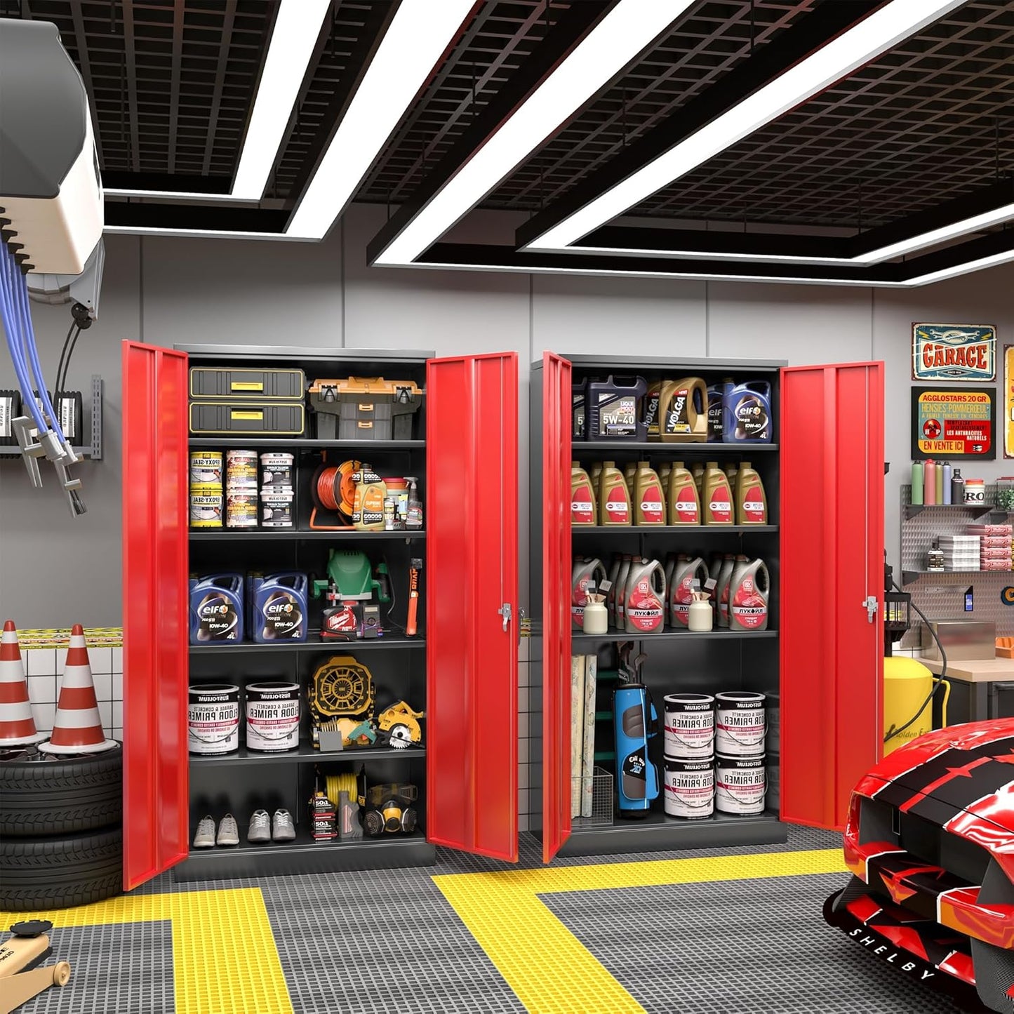 Greenvelly Metal Garage Storage Cabinet with Lock, 72" Metal Storage Cabinet with 2Doors and 4Adjustable Shelves, for Home Office, School,Gym (Black&Red)