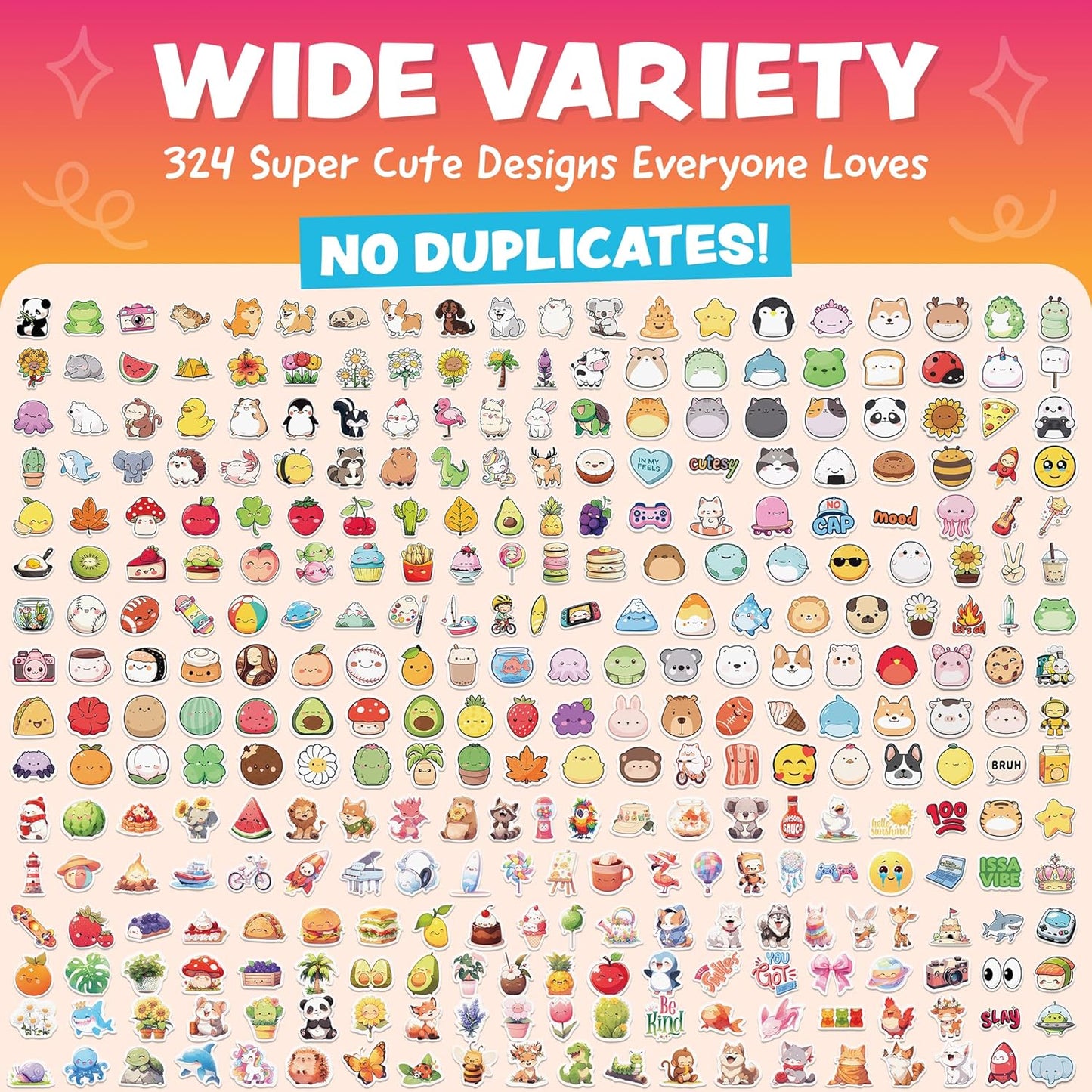 Cute Stickers for Kids - Kawaii Stickers for Kids Classroom Decor, Water Bottle & Teacher Rewards - 324pc Easy Peel Bulk Pack for Teens - Waterproof Vinyl Decals - Scrapbooking, Journaling, Notebook