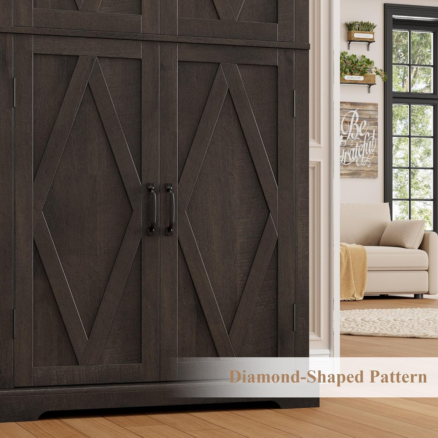 HOSTACK 64" Tall Pantry Cabinet, Modern Farmhouse Kitchen Pantry, Wood Bathroom Storage Cabinet, Large Bookcase, 4 Doors|Adjustable Shelves, for Dining Room, Living Room, Home Office, Dark Brown