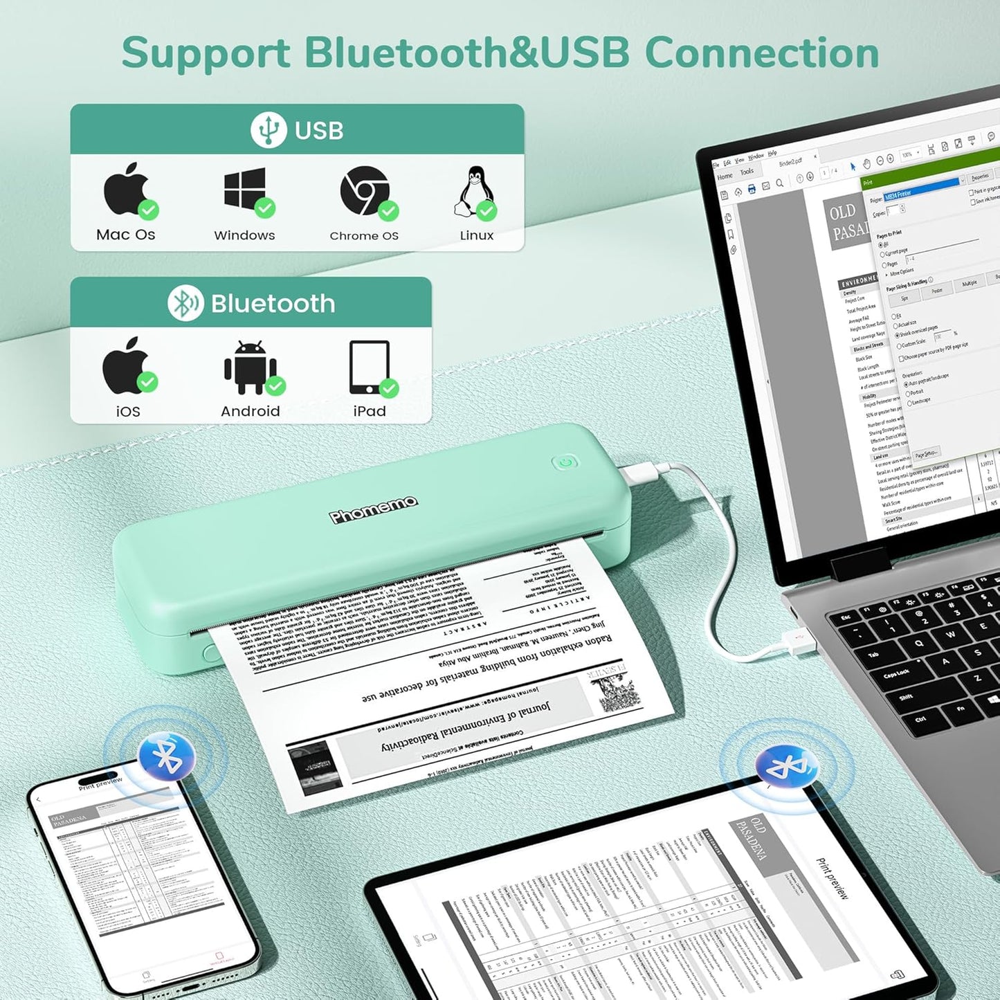Phomemo Portable Printers Wireless for Travel,M834 Bluetooth Thermal Printer 8.5" x 11"& A4 Size,Inkless Mobile Printer with Carry Case for Travel,Office,School,Car,Home,Green