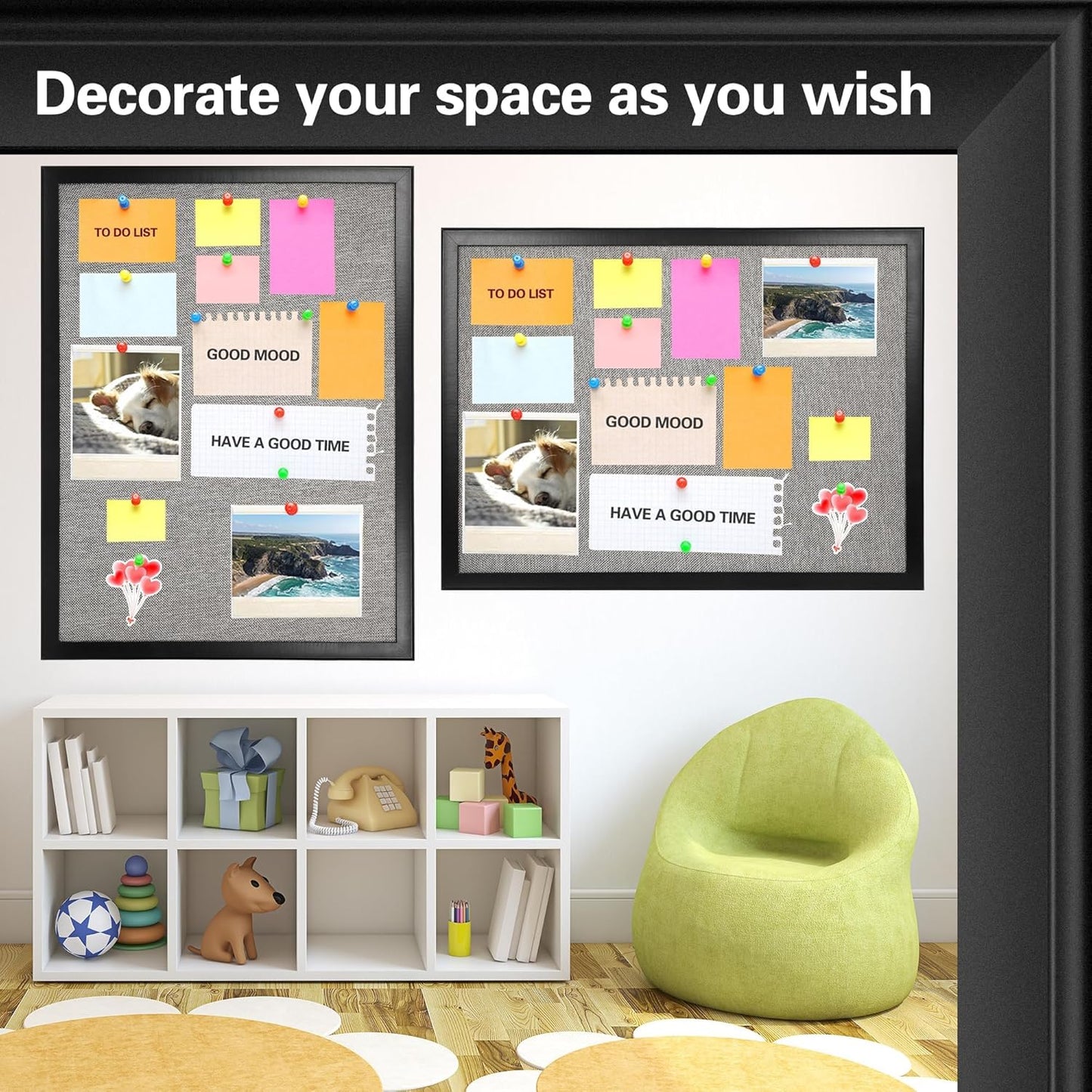 SHANTRA 24 x 18 Inch Bulletin Board with Grey Fabric, Wood Framed Canvas Cork Board, Corkboard for Walls with 10 Pins, Decorative Vision Board, Wall Mounted Notice Board for Home, Office, School