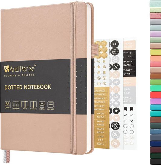 &And Per Se Dotted Journal Notebook, A5 Hardcover Leather Bullet Dotted Journal, 160 Pages 100 gsm Thick Dotted Paper，3 Sheets of Stickers Included - 5.7'' x 8''（Apricot）
