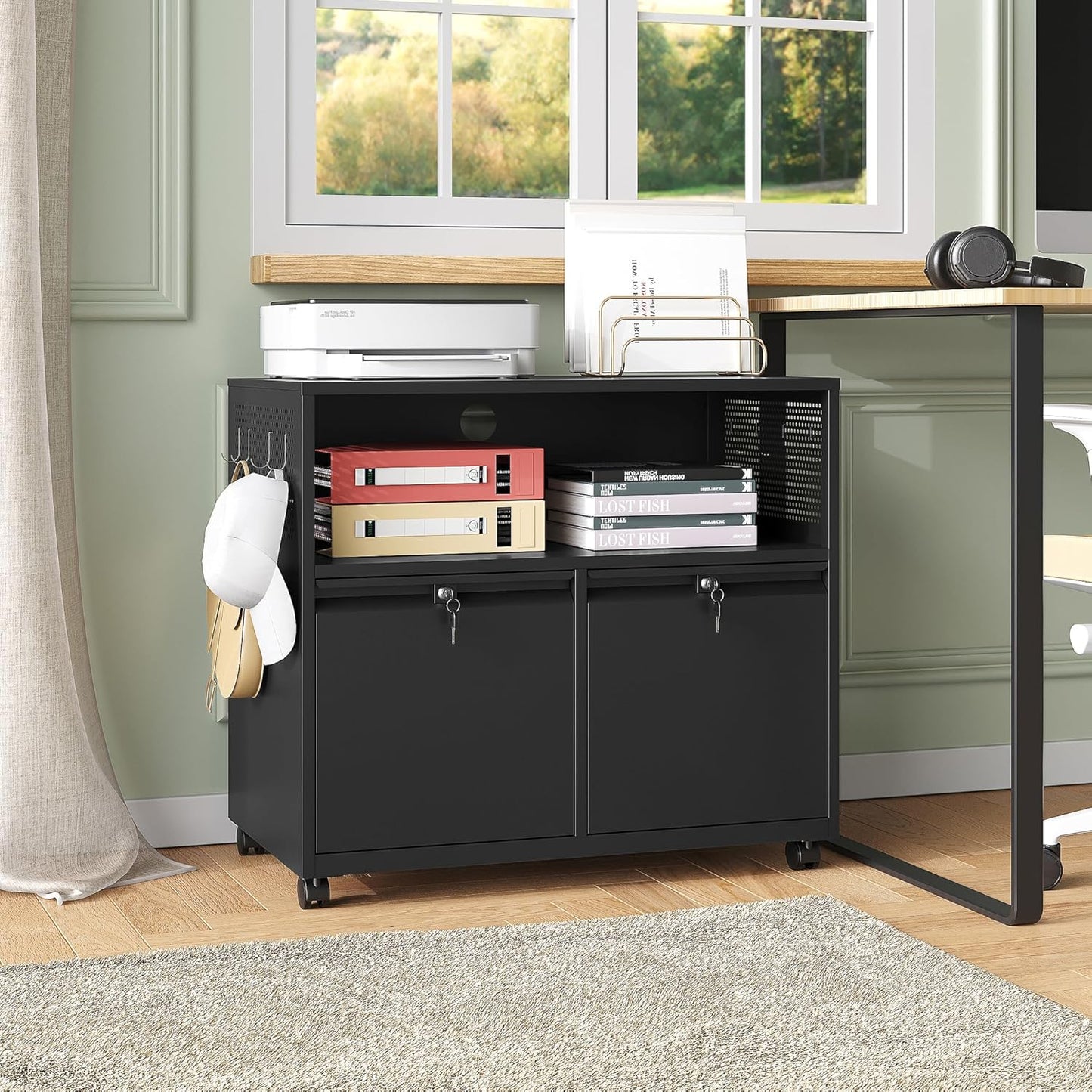 Mobile Filing Cabinet with Lock,Metal Lateral File cabinets Printer Stand with Storage Cabinets for Home Office,A4/F4/Letter (Black)