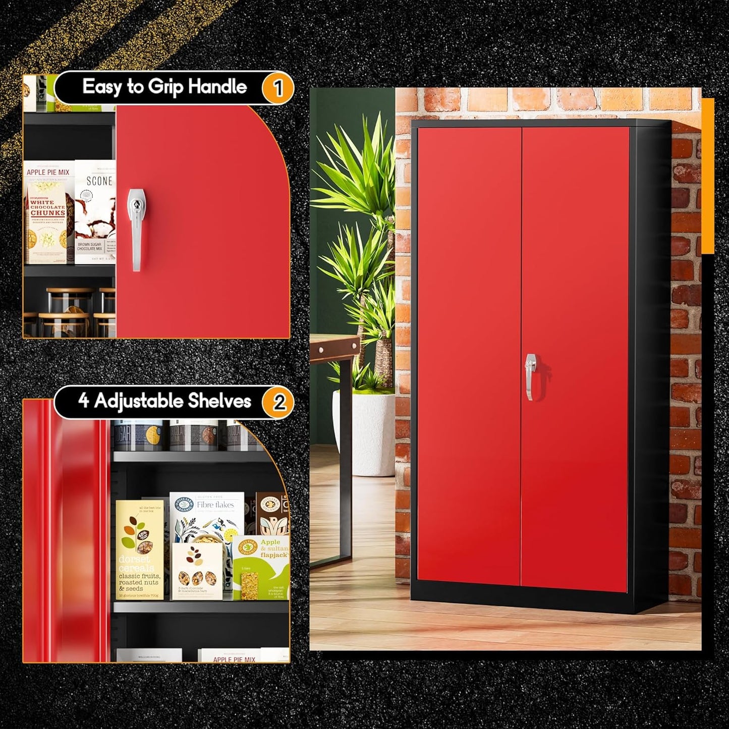 Greenvelly Metal Garage Storage Cabinet with Lock, 72" Metal Storage Cabinet with 2Doors and 4Adjustable Shelves, for Home Office, School,Gym (Black&Red)