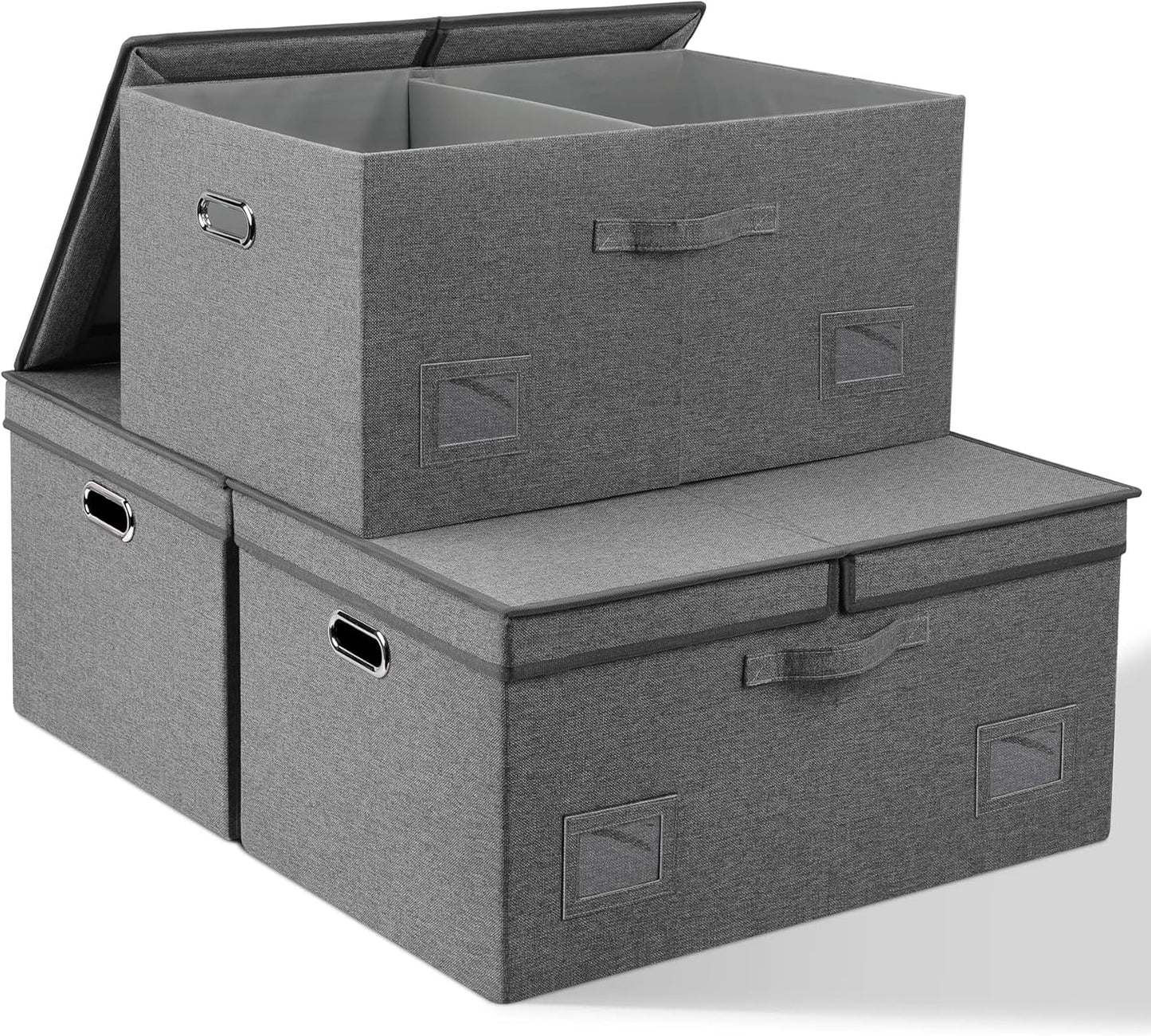 75 Quarts Extra Large Decorative Storage Bins with Lids, 3 Packs Gray Collapsible Storage Bins with Lids, Stackable Storage Bins Decorative Box Storage With Lid Extra Large