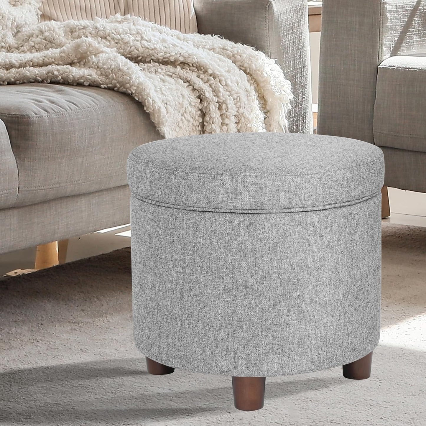 Homepop Home Decor | Upholstered Round Storage Ottoman | Ottoman with Storage for Living Room & Bedroom, Light Gray Tweed