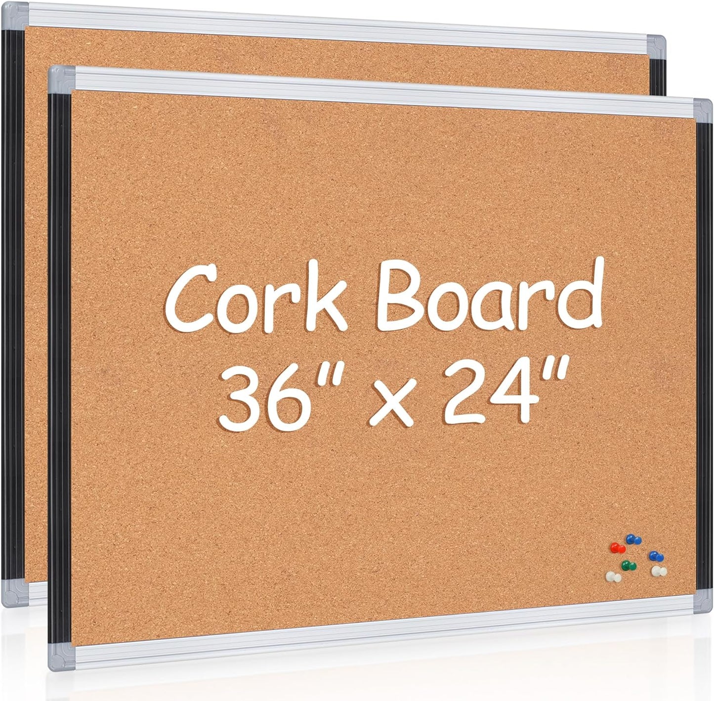 Board2by 2 Pack Cork Bulletin Board 24" x 36", Black/Silver Aluminium Framed Corkboard, Office Board for Wall Decor, Large Wall Mounted Notice Pin Board with 18 Push Pins for School, Home & Office