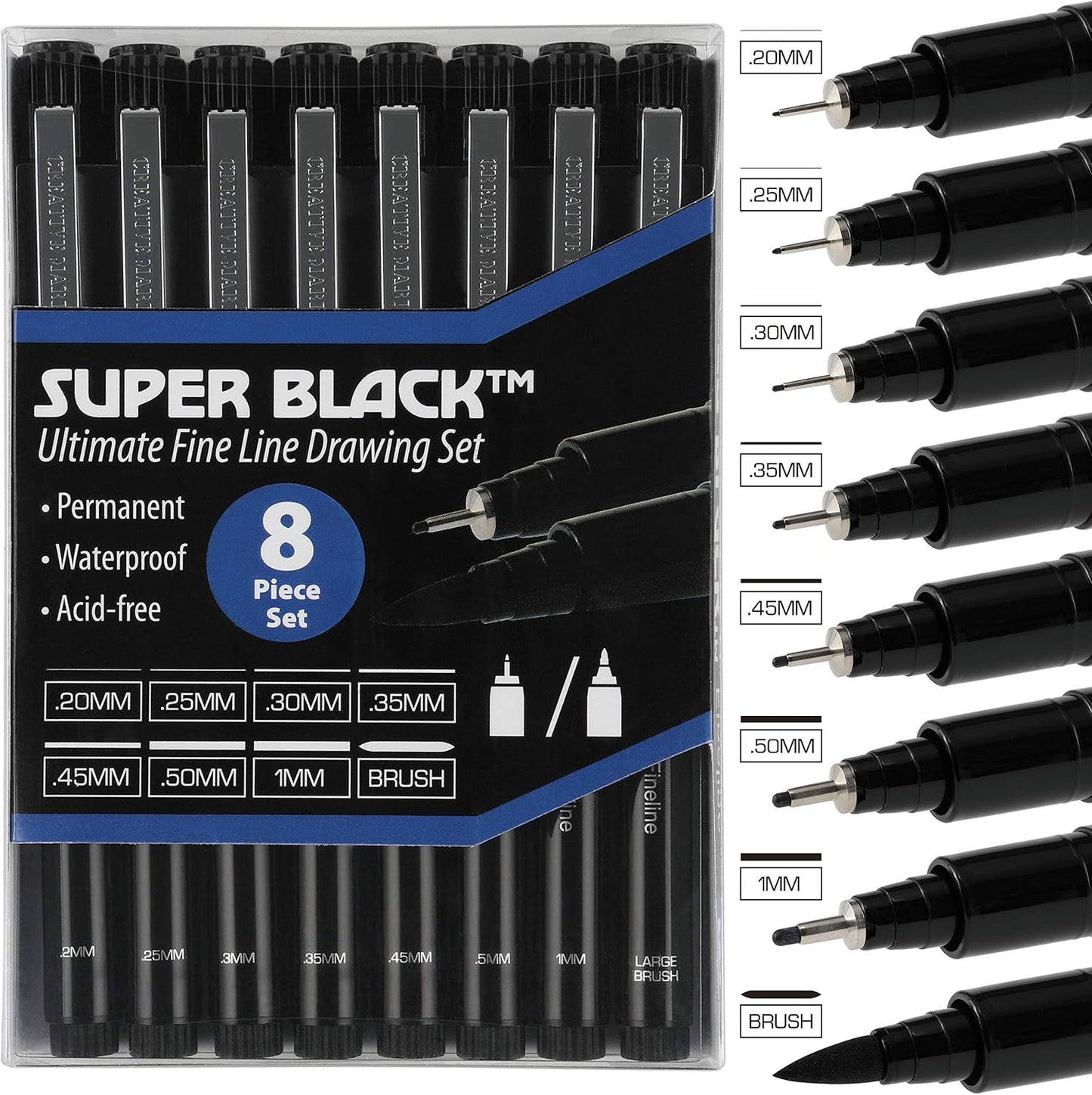 Creative Mark Ultimate Fine Line Drawing Pens Super Black, Permanent, Waterproof, & Acid-Free Assorted Tips and Large Brush Pen - [Fineliners and Sketch Set of 8]