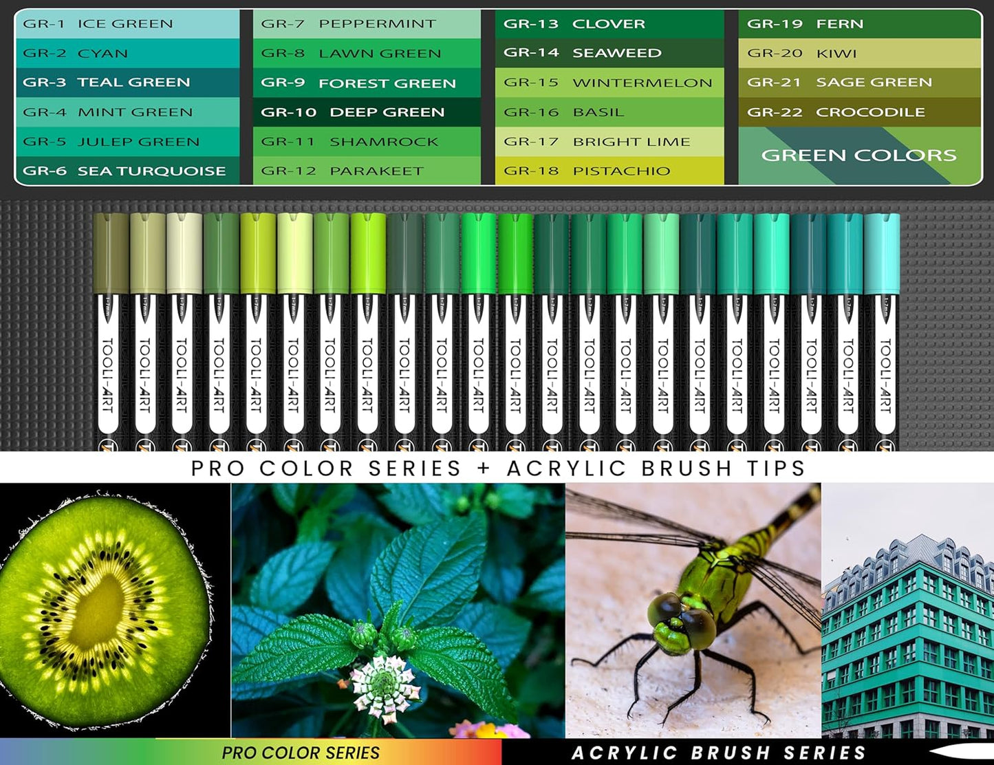 22 Flexible Brush Tip Acrylic Paint Pens Markers Set 1-7mm Line for Rock Painting, Brush Lettering, Glass, Mugs, Wood, Metal, Canvas, Fabric, Plastic. Non Toxic Waterbased Quick Drying Assorted Green